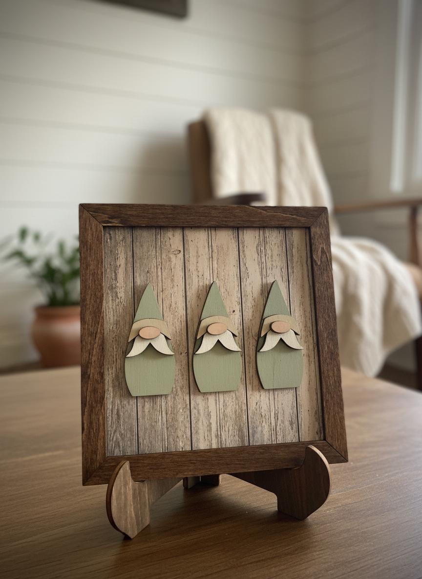 Rustic Gnome Trio Framed Wood Art, Farmhouse Tiered Tray Decor, Spring Gnome Decor, Handmade Wooden Gnome Sign, Cottage Style Gift - TheGrumpyRooster