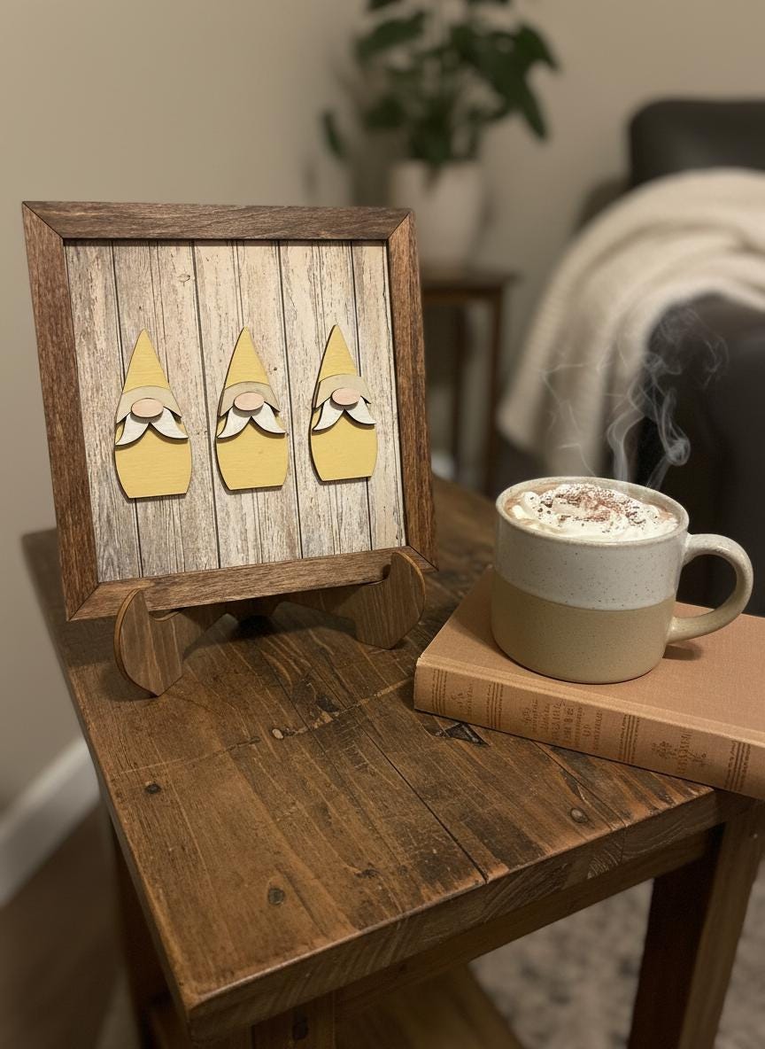 Rustic Gnome Trio Framed Wood Art, Farmhouse Tiered Tray Decor, Spring Gnome Decor, Handmade Wooden Gnome Sign, Cottage Style Gift - TheGrumpyRooster