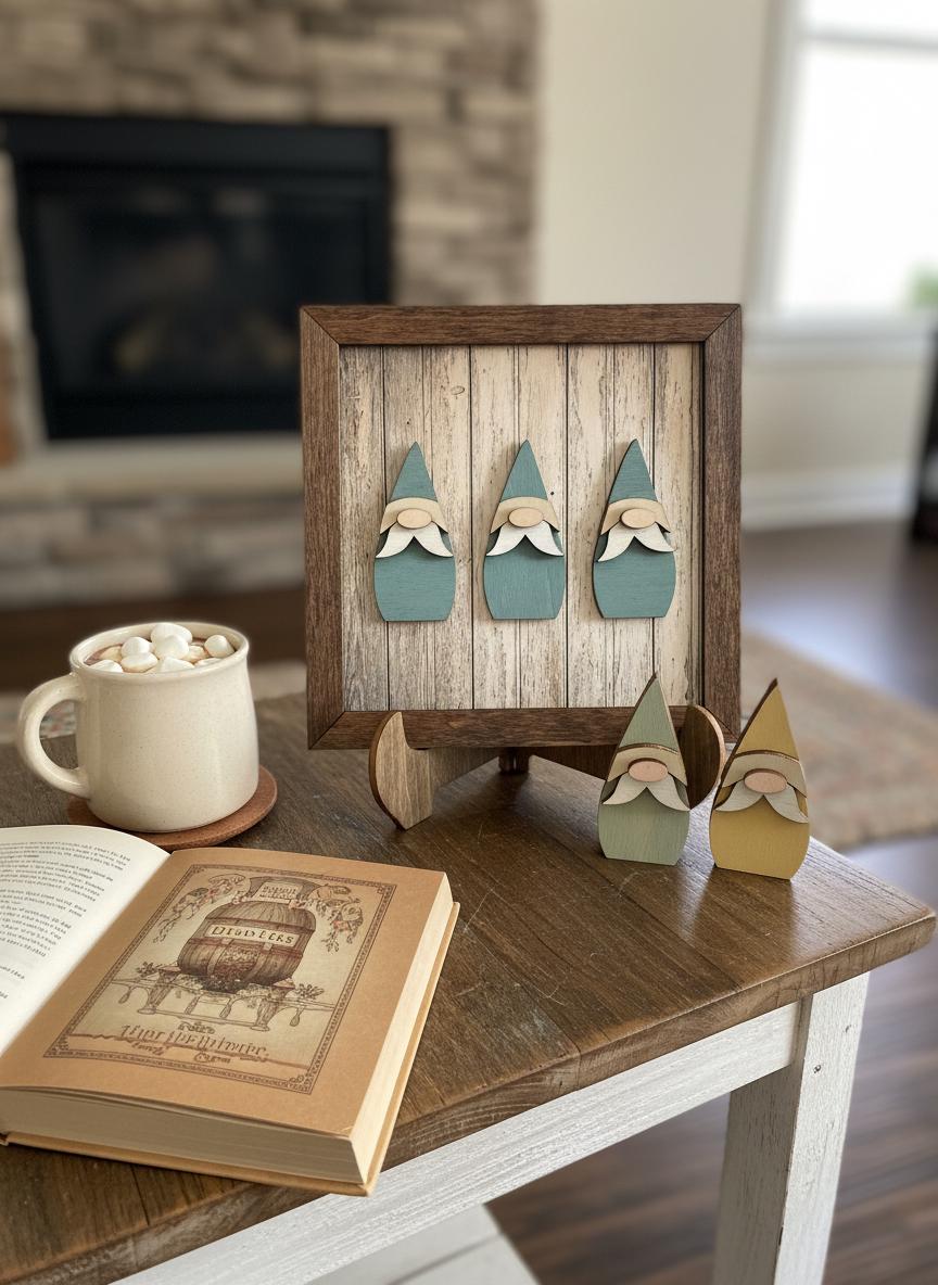 Rustic Gnome Trio Framed Wood Art, Farmhouse Tiered Tray Decor, Spring Gnome Decor, Handmade Wooden Gnome Sign, Cottage Style Gift - TheGrumpyRooster