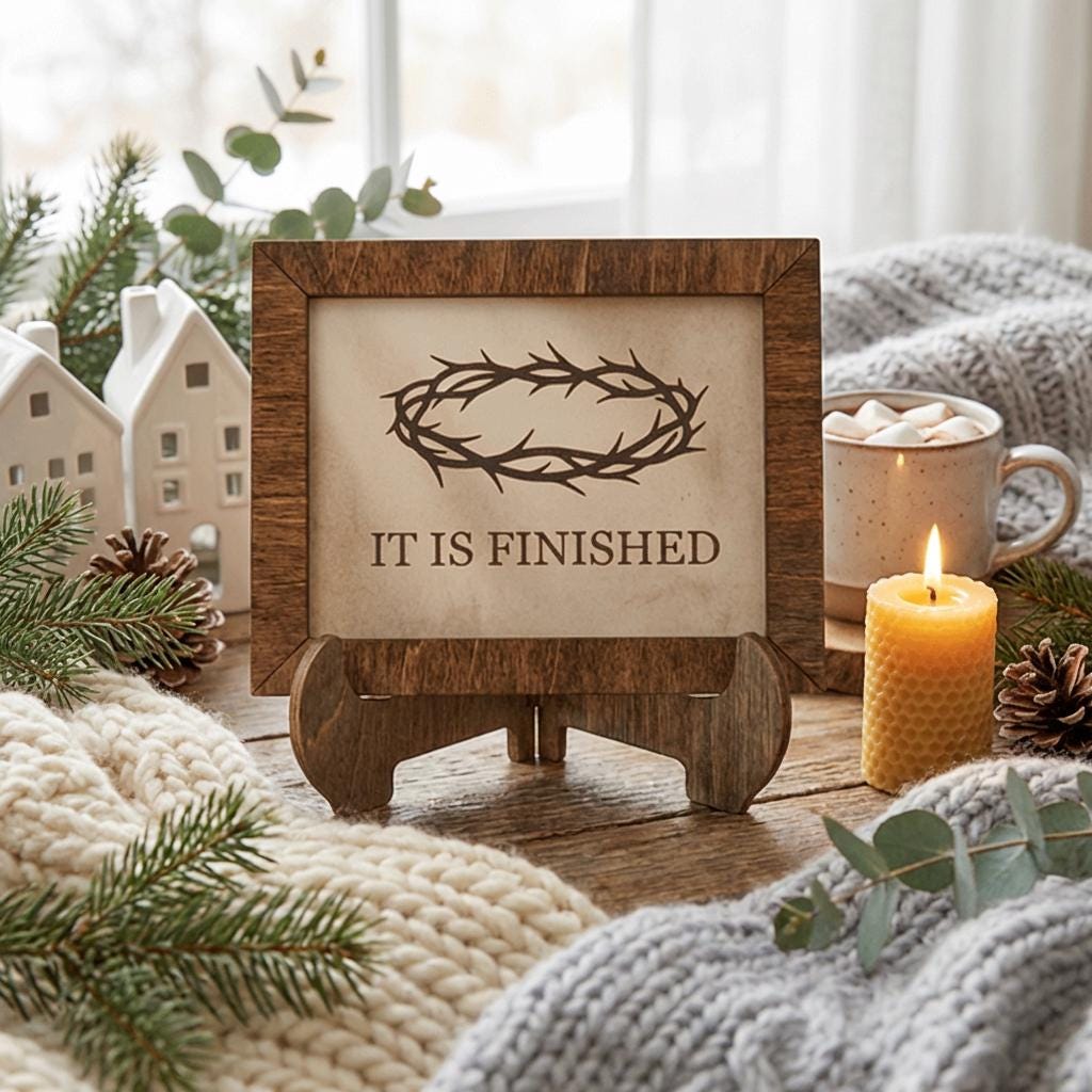 It Is Finished Framed Christian Art | Easter Wall Decor | Scripture Print | Rustic Faith Home Decor | Gift for Believers - TheGrumpyRooster