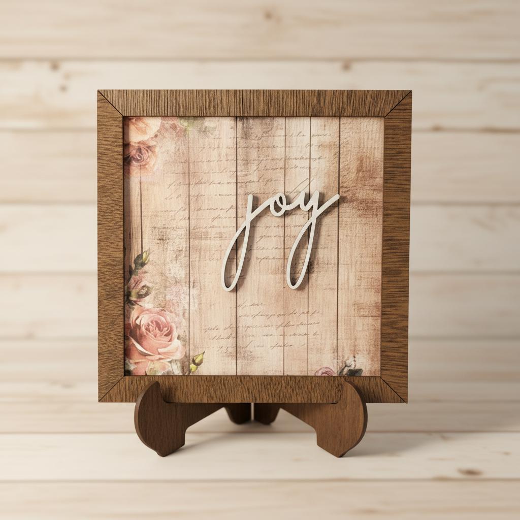 May include: A wooden framed sign with the word "joy" in white script. The sign features a floral and script design on a wooden background. The sign is displayed on a wooden easel.
