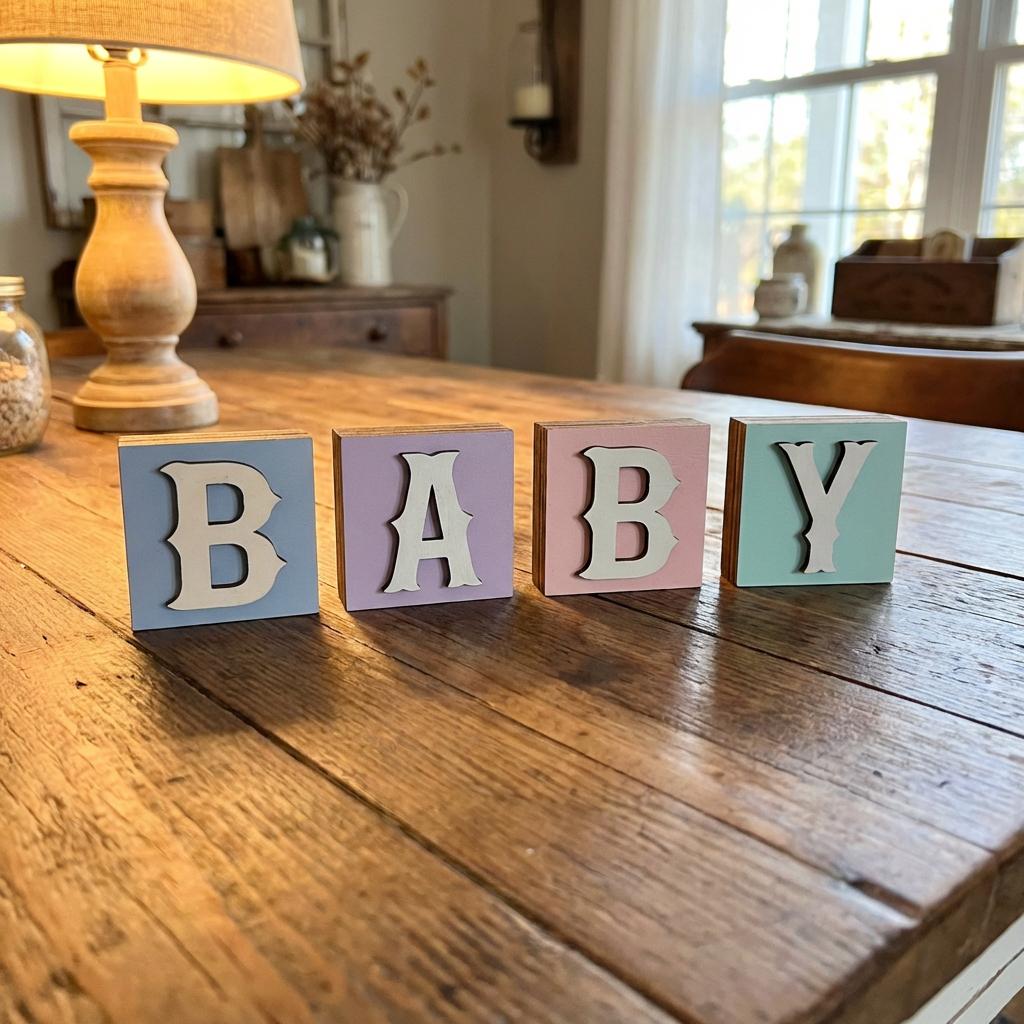 May include: Four wooden blocks spelling "BABY" in a pastel color palette. Each block features a different color: blue, lavender, pink, and mint green. The letters are white, with a decorative, vintage-inspired font.