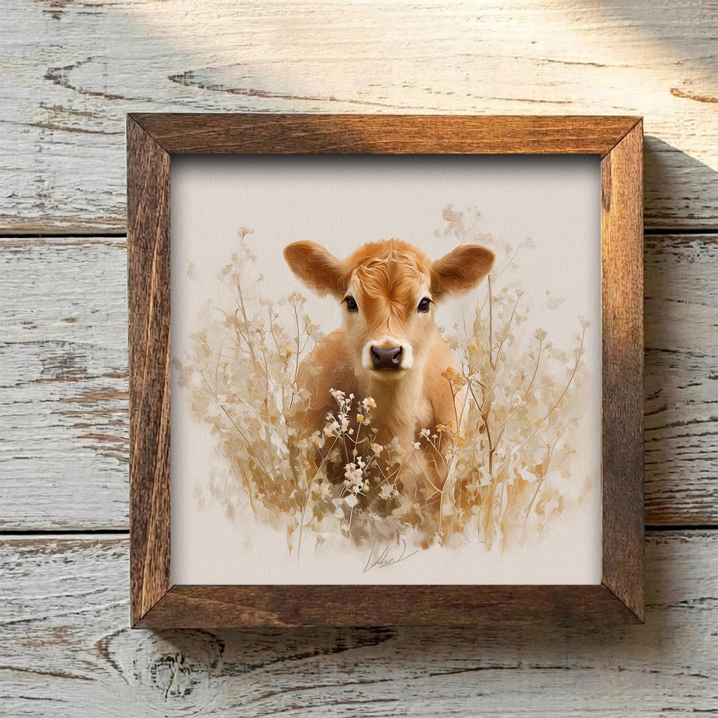 Highland Cow Calf Framed Wood Art | Rustic Farmhouse Animal Decor | Spring Farmhouse Shelf Decor | Country Home Gift - TheGrumpyRooster