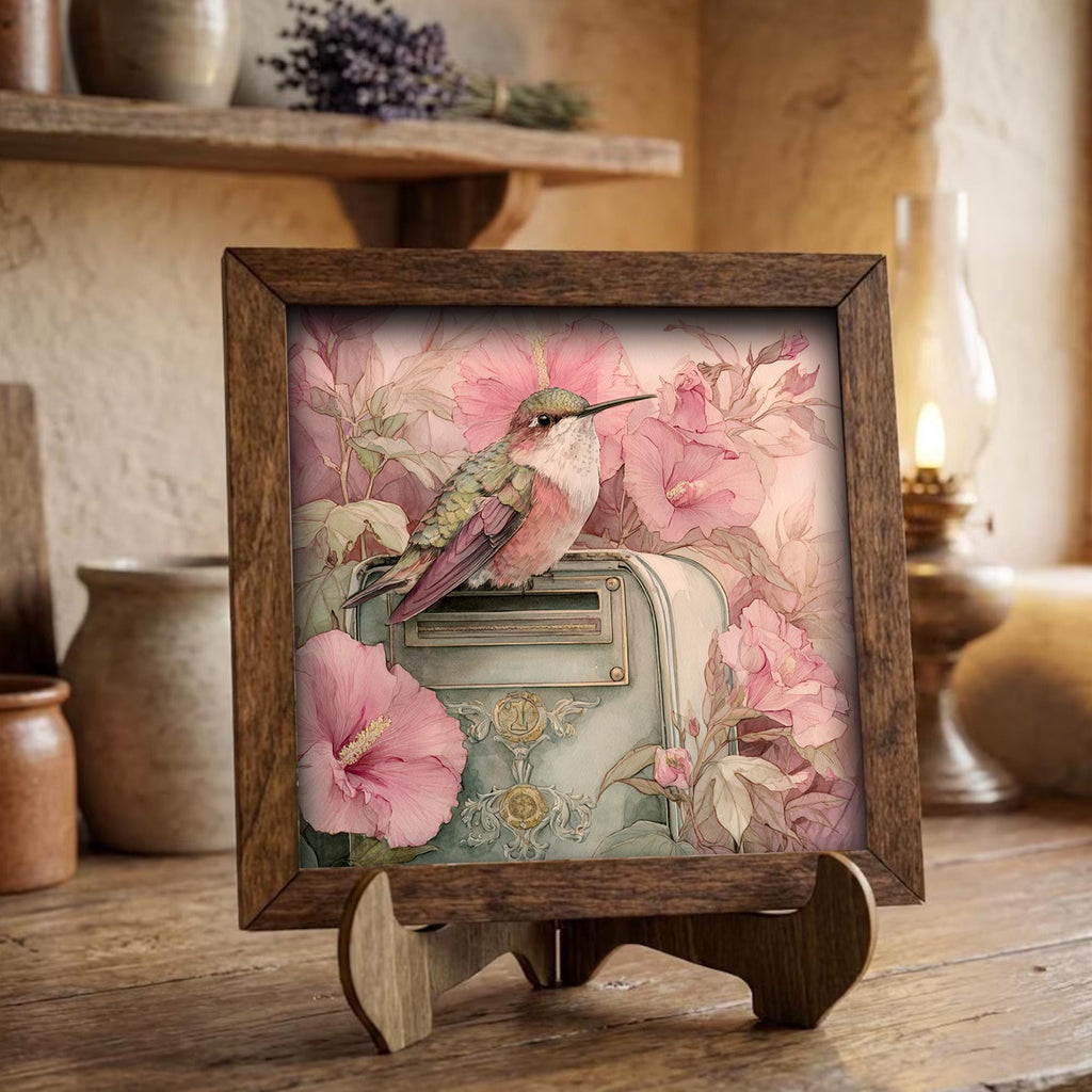 Hummingbird Decor | Farmhouse Bird Framed Decor | Pink Floral Spring Decor | Tiered Tray Decor Gift - TheGrumpyRooster