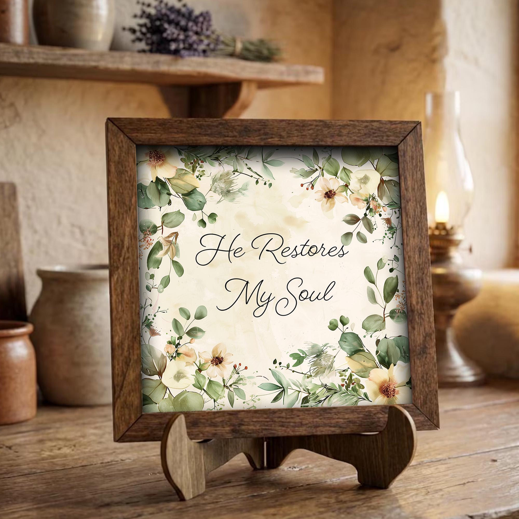 Floral Scripture Art | He Restores My Soul Framed Print (Easel Included) - TheGrumpyRooster