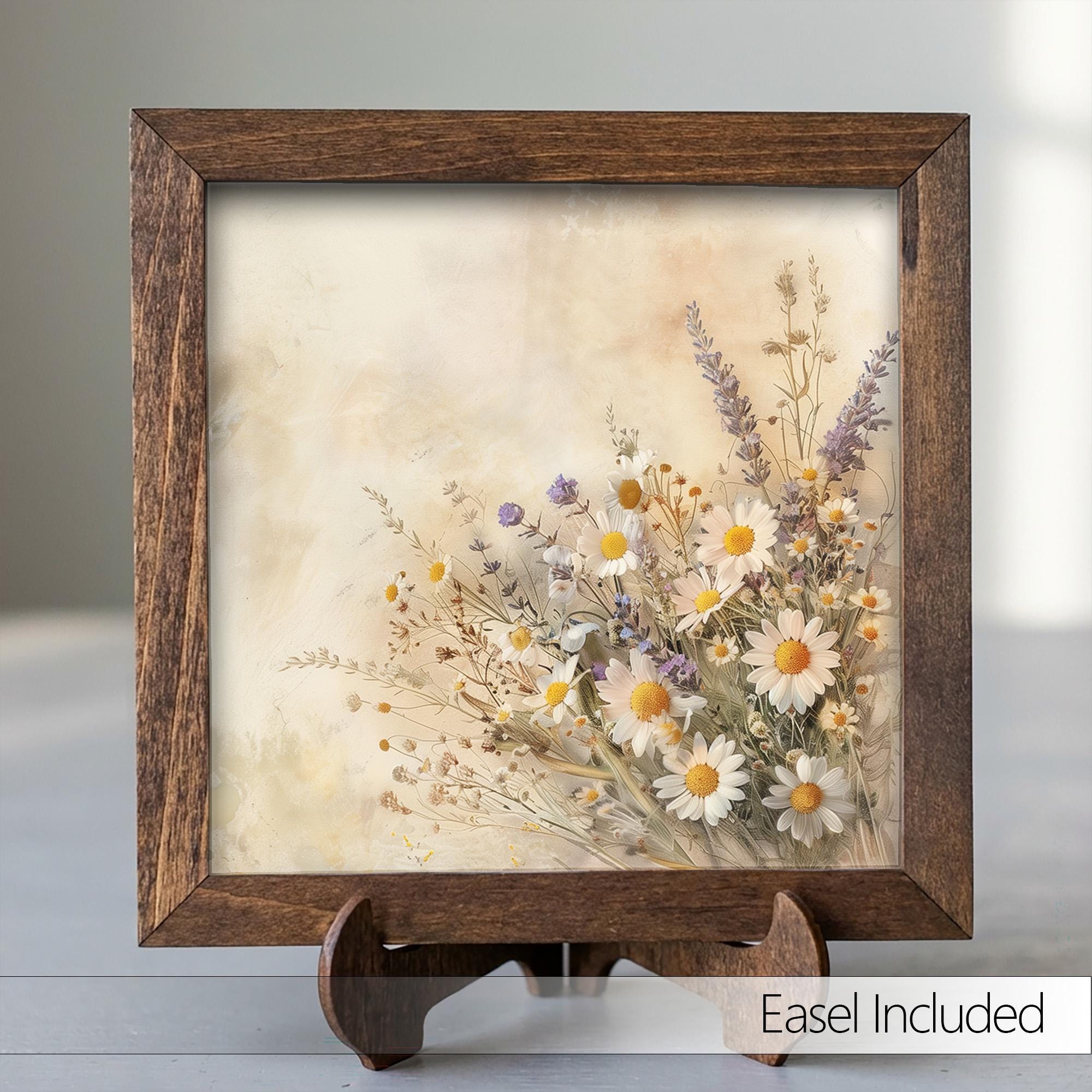 Framed Daisy and Lavender Art Print | Rustic Farmhouse Shelf Decor (Easel Included) - TheGrumpyRooster