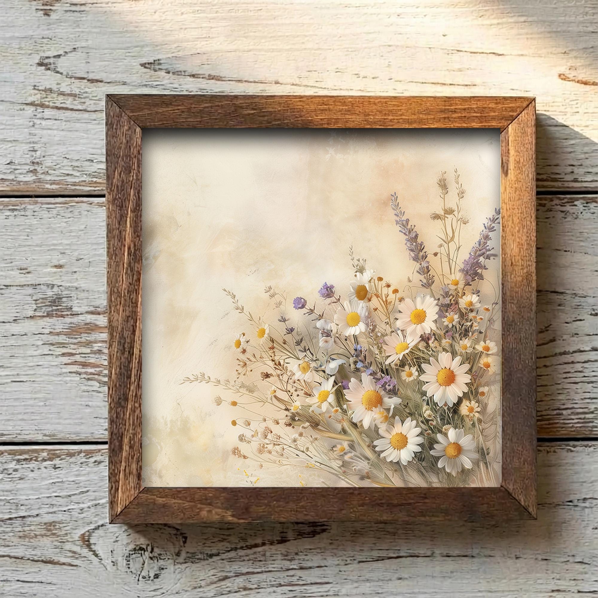 Framed Daisy and Lavender Art Print | Rustic Farmhouse Shelf Decor (Easel Included) - TheGrumpyRooster