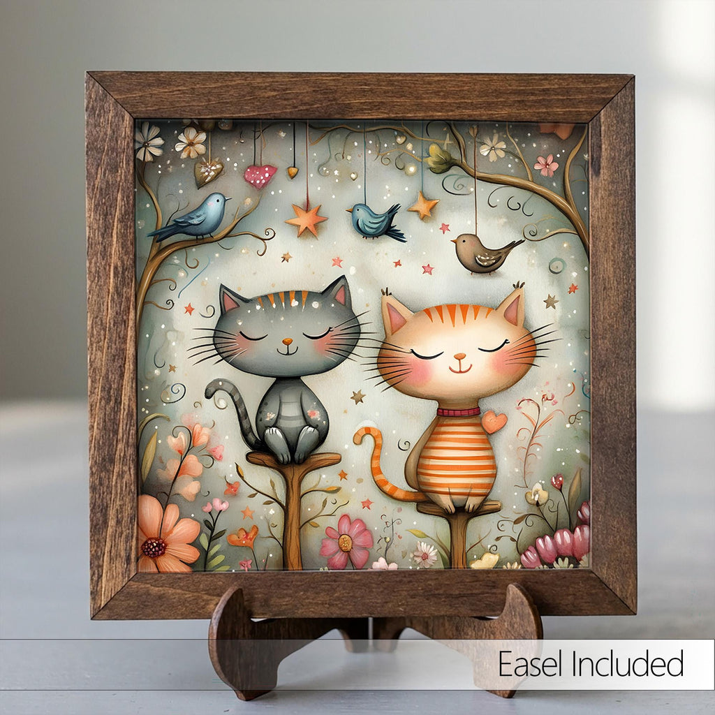 Two Whimsical Cats Framed Art with Easel | Cat Lover Gift | Cat Wall Decor | Folk Art Kitty Sign | Enchanted Garden Cat - TheGrumpyRooster