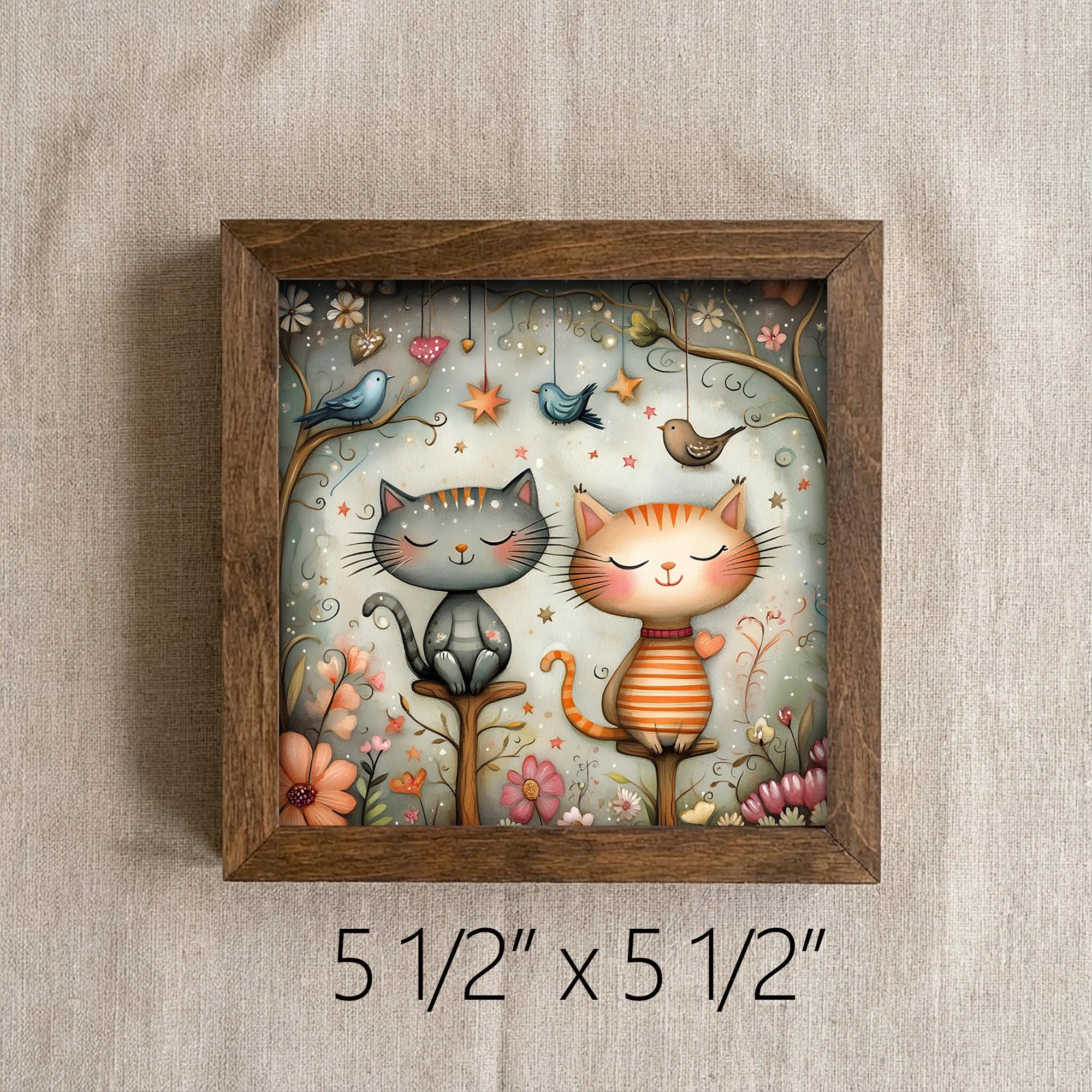 Two Whimsical Cats Framed Art with Easel | Cat Lover Gift | Cat Wall Decor | Folk Art Kitty Sign | Enchanted Garden Cat - TheGrumpyRooster