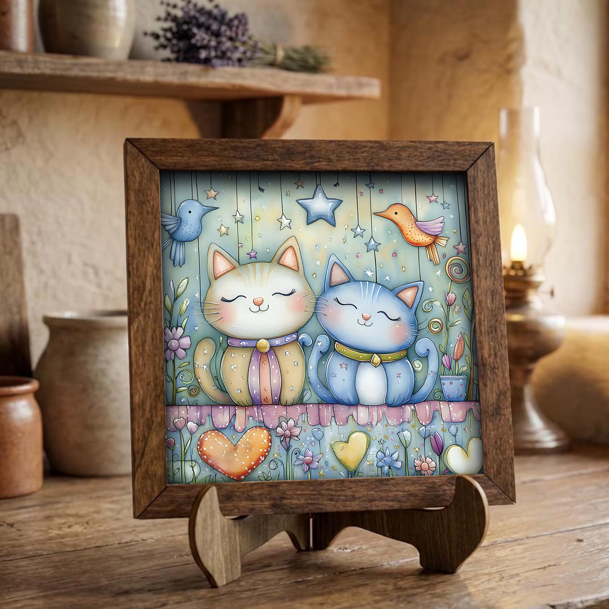 Best Friends Cats Framed Art with Easel | Whimsical Cat Decor | Cat Lover Gift | Pastel Cat Sign | Kitty Wall Art - TheGrumpyRooster