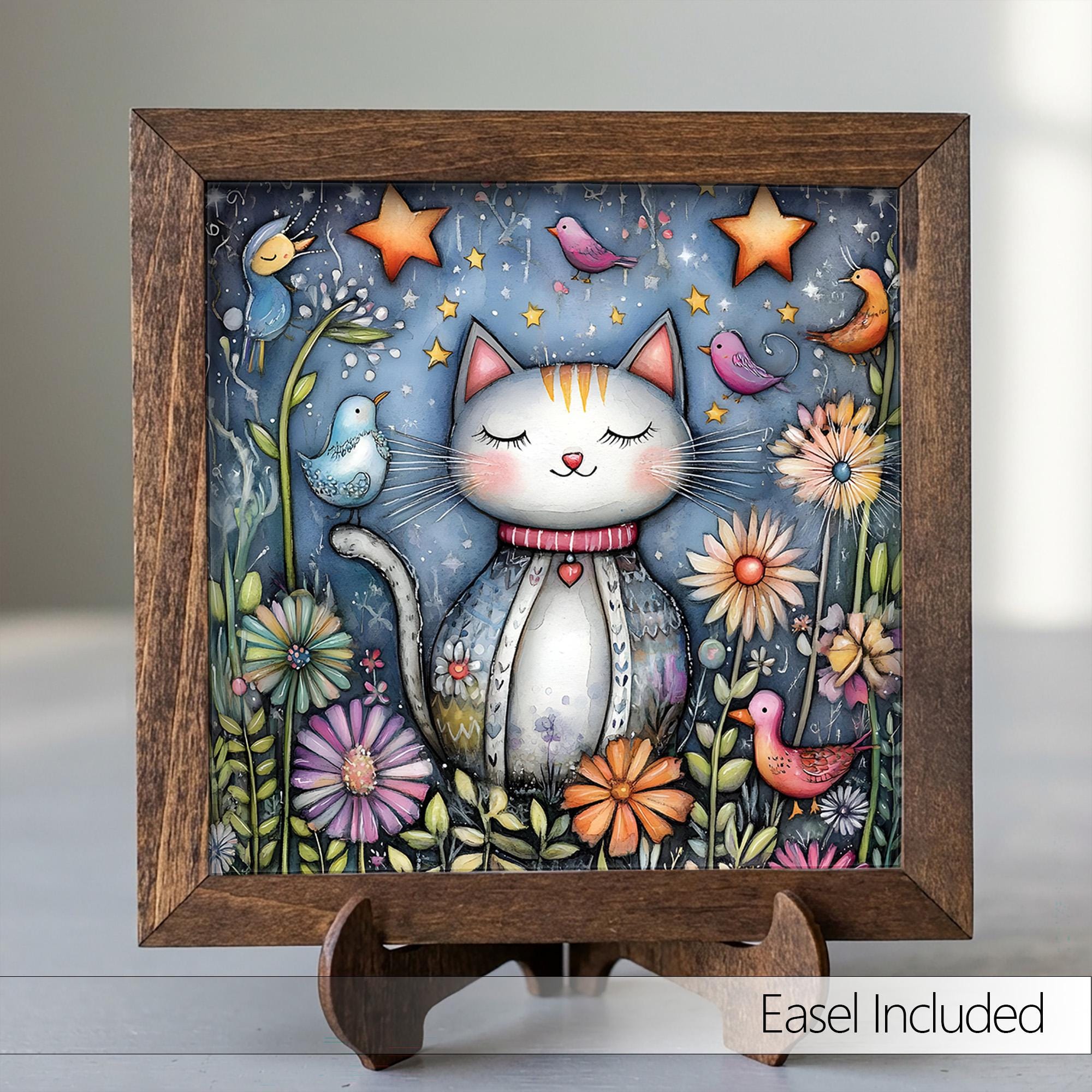 Garden Cat Framed Art with Easel | Whimsical Cat Wall Decor | Cat Lover Gift | Floral Cat Sign | Folk Art Kitty Decor - TheGrumpyRooster