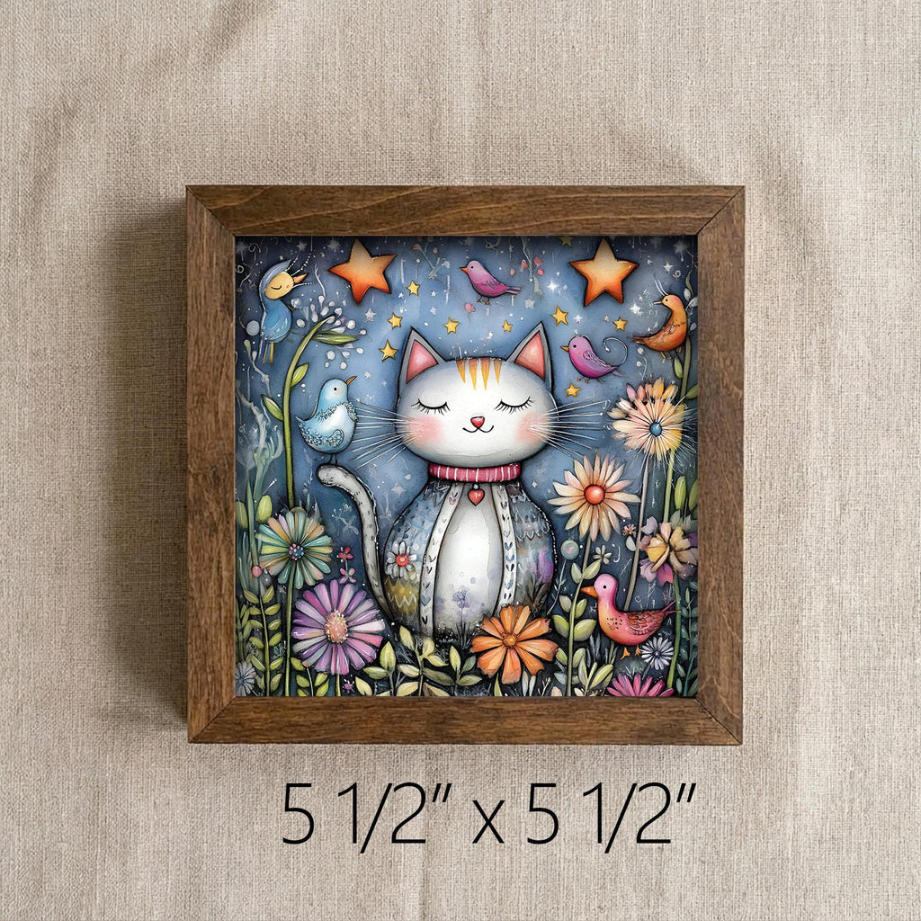 Garden Cat Framed Art with Easel | Whimsical Cat Wall Decor | Cat Lover Gift | Floral Cat Sign | Folk Art Kitty Decor - TheGrumpyRooster
