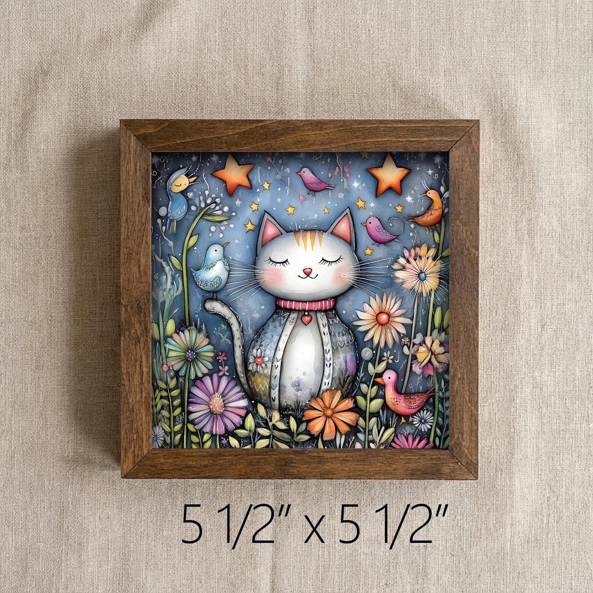 Garden Cat Framed Art with Easel | Whimsical Cat Wall Decor | Cat Lover Gift | Floral Cat Sign | Folk Art Kitty Decor - TheGrumpyRooster