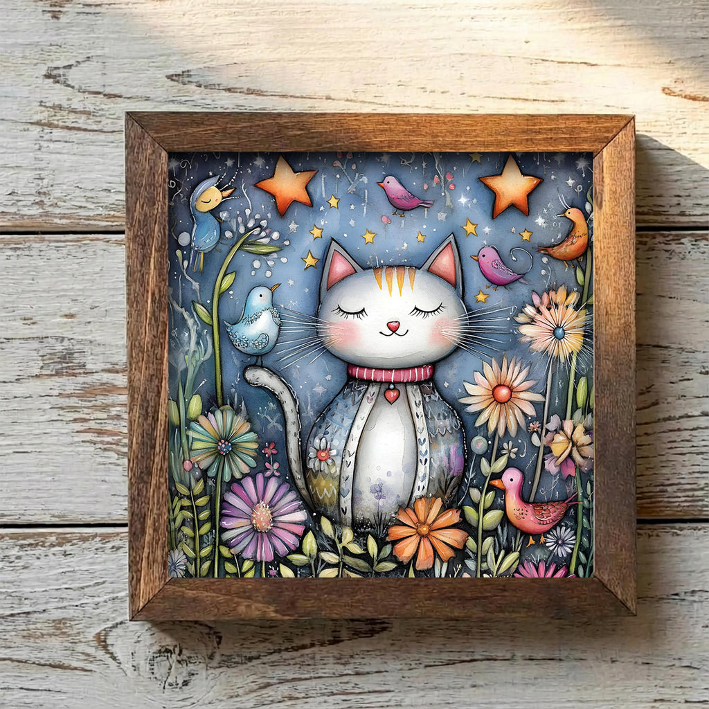 Garden Cat Framed Art with Easel | Whimsical Cat Wall Decor | Cat Lover Gift | Floral Cat Sign | Folk Art Kitty Decor - TheGrumpyRooster