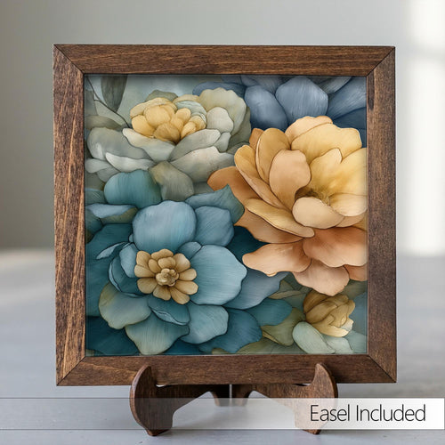 Blue and Yellow Peonies Framed Art with Easel | Floral Wall Decor | Botanical Art | Peony Home Decor | Whimsical Floral Gift - TheGrumpyRooster