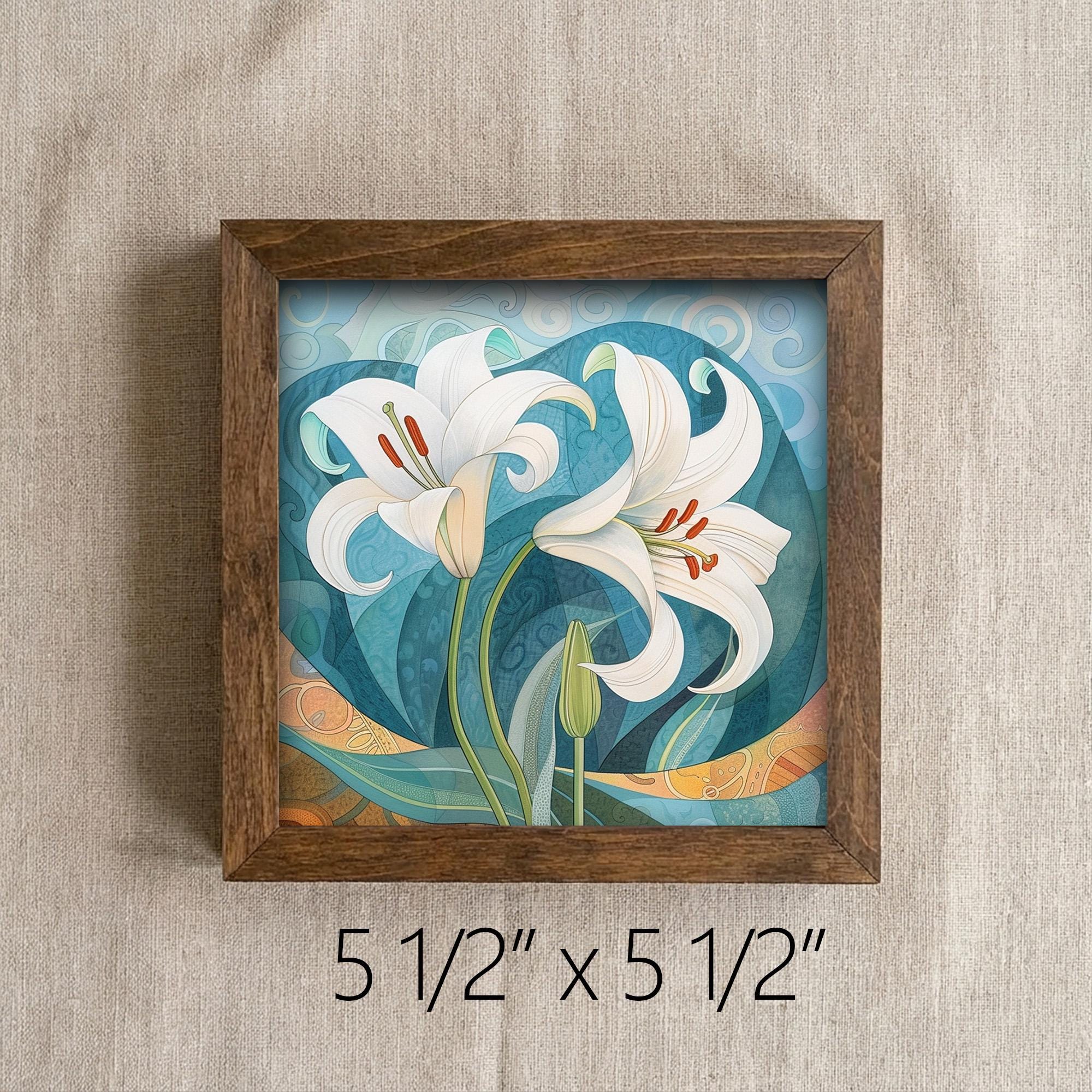 White Lily Art Nouveau Framed Art with Easel | Botanical Wall Decor | Teal Floral Art | Whimsical Lily Sign | Flower Home Decor - TheGrumpyRooster