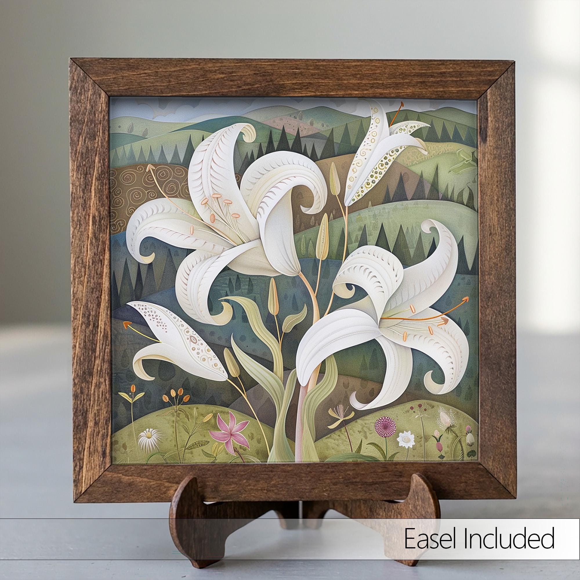Countryside White Lily Framed Art with Easel | Folk Art Floral Decor | Whimsical Lily Wall Art | Botanical Sign | Flower Gift - TheGrumpyRooster