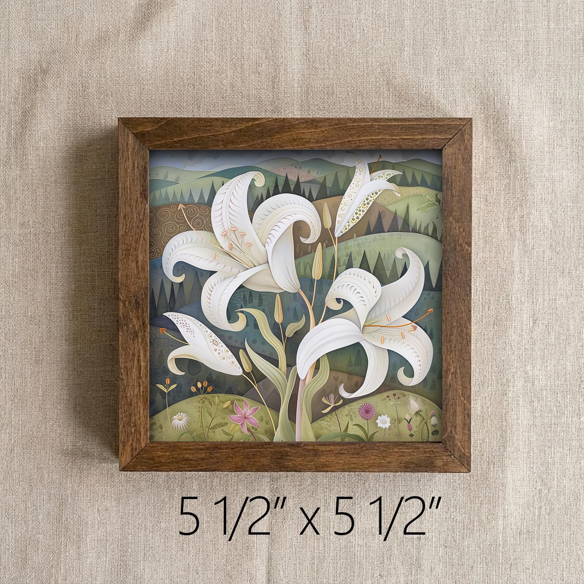 Countryside White Lily Framed Art with Easel | Folk Art Floral Decor | Whimsical Lily Wall Art | Botanical Sign | Flower Gift - TheGrumpyRooster