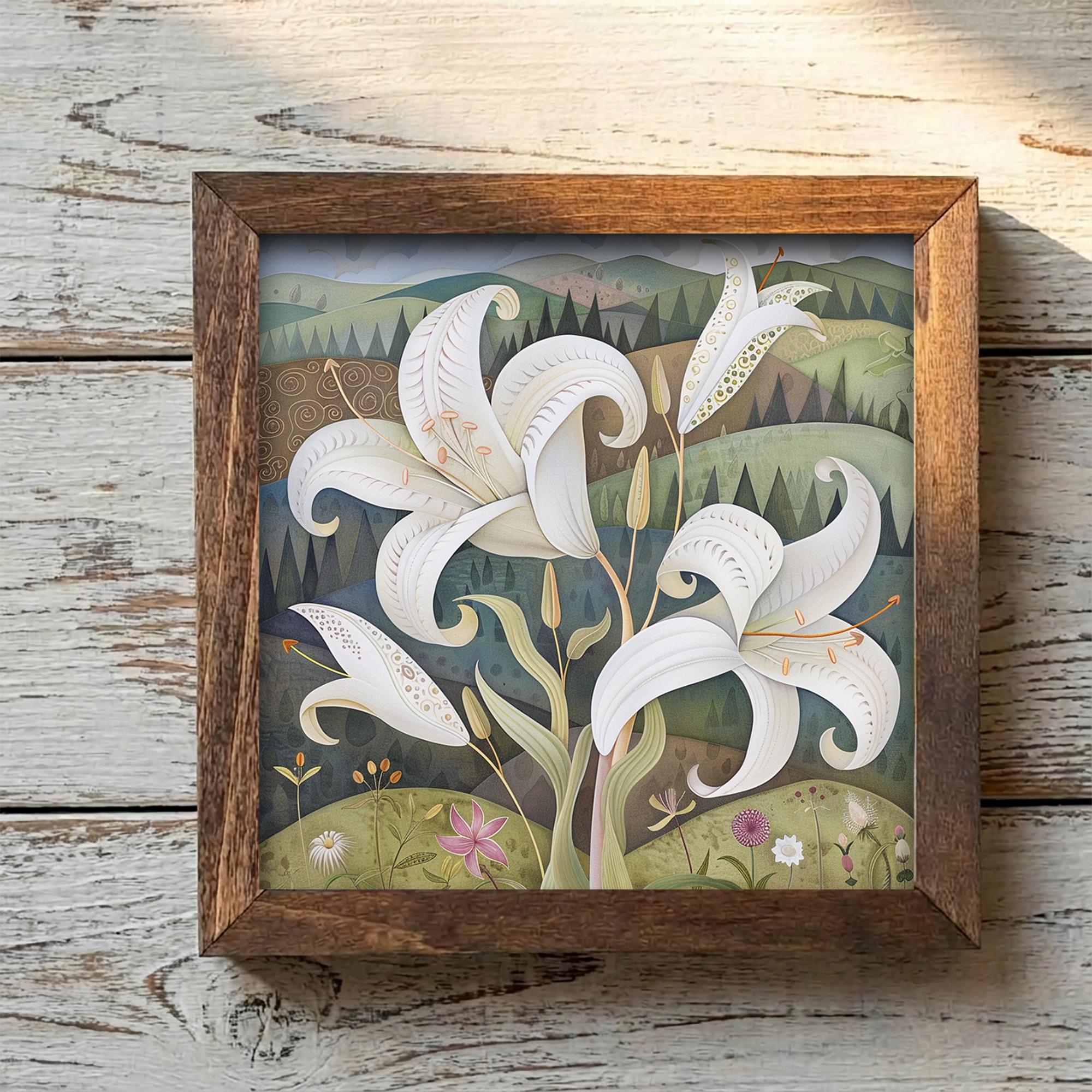 Countryside White Lily Framed Art with Easel | Folk Art Floral Decor | Whimsical Lily Wall Art | Botanical Sign | Flower Gift - TheGrumpyRooster