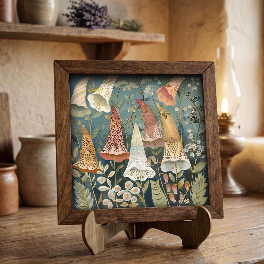 Whimsical Foxglove Garden Framed Art with Easel | Botanical Wall Art | Teal Floral Decor | Folk Art Flower Sign | Whimsical Gift - TheGrumpyRooster