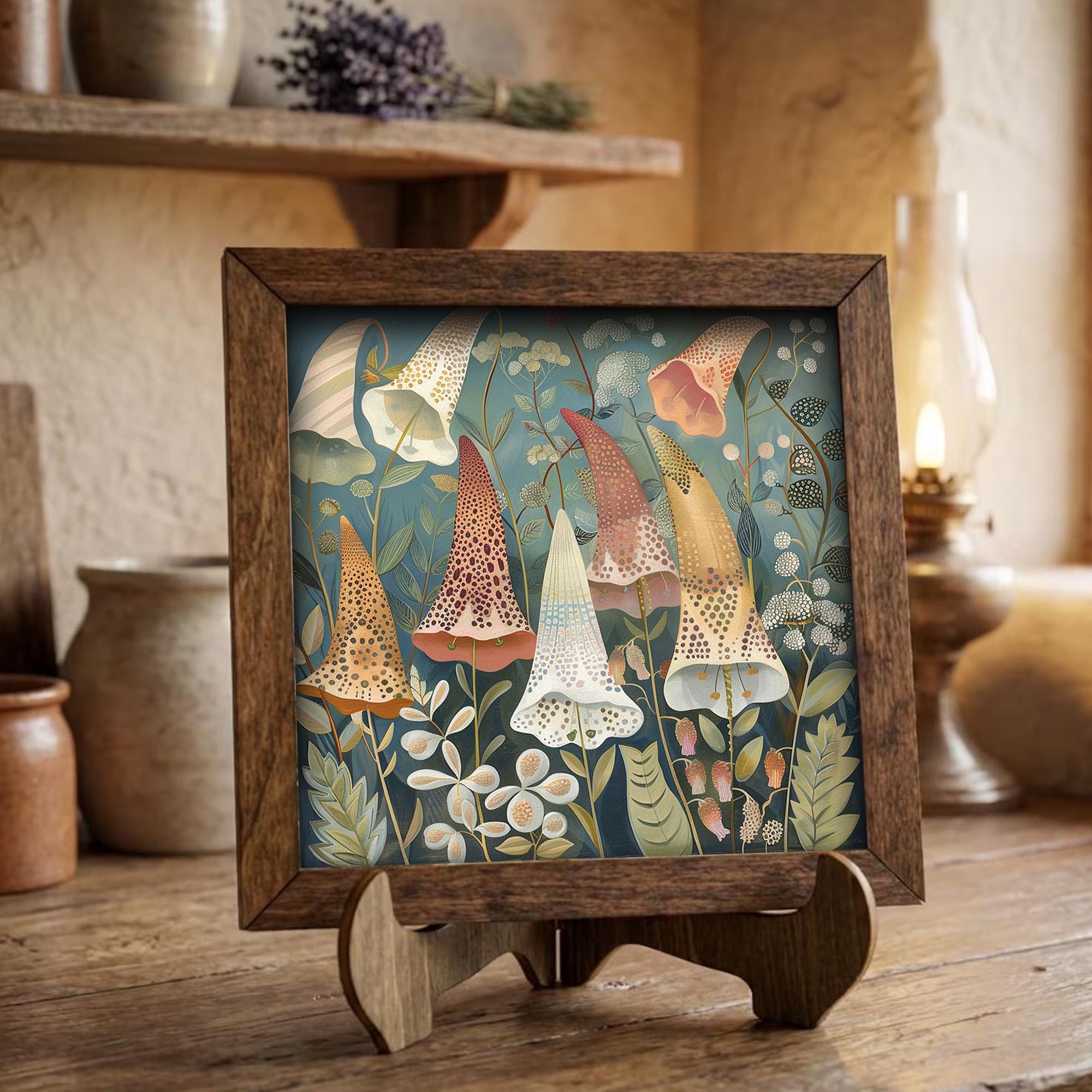 Whimsical Foxglove Garden Framed Art with Easel | Botanical Wall Art | Teal Floral Decor | Folk Art Flower Sign | Whimsical Gift - TheGrumpyRooster