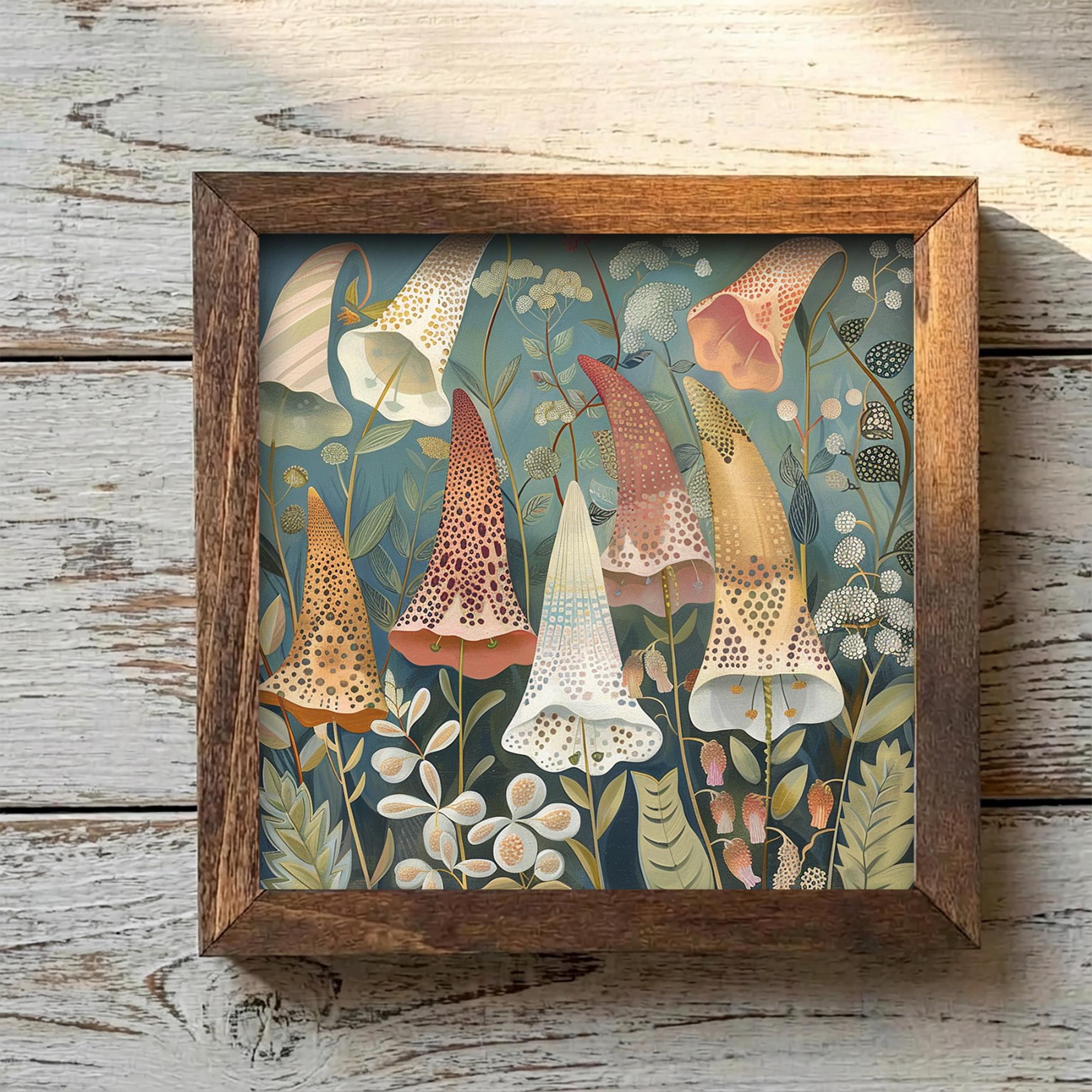 Whimsical Foxglove Garden Framed Art with Easel | Botanical Wall Art | Teal Floral Decor | Folk Art Flower Sign | Whimsical Gift - TheGrumpyRooster