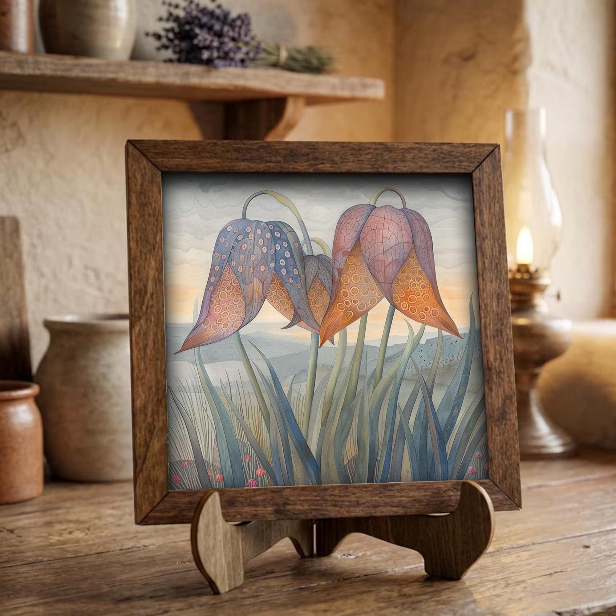 Fritillaria Bell Flower Framed Art with Easel | Whimsical Floral Decor | Purple Flower Wall Art | Botanical Sign | Flower Gift - TheGrumpyRooster