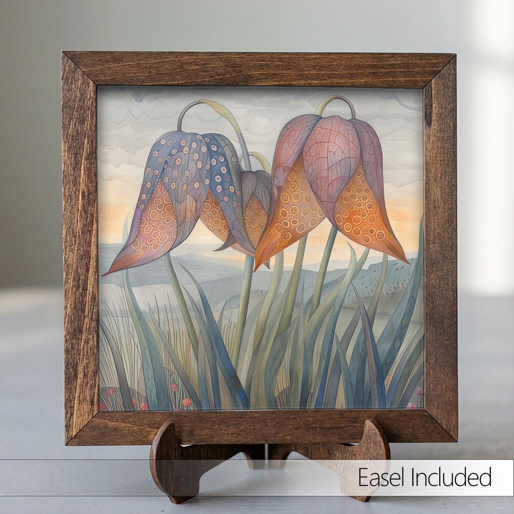 Fritillaria Bell Flower Framed Art with Easel | Whimsical Floral Decor | Purple Flower Wall Art | Botanical Sign | Flower Gift - TheGrumpyRooster