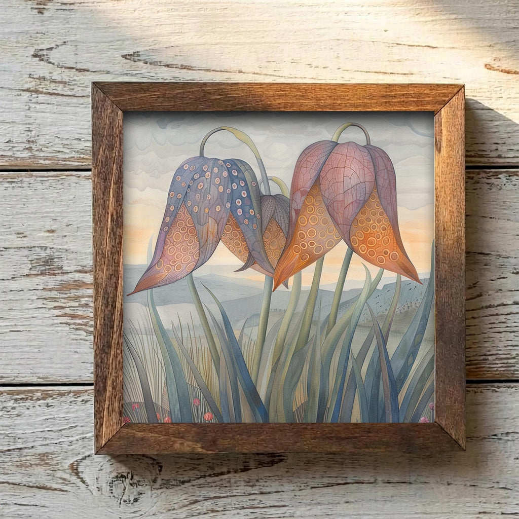 Fritillaria Bell Flower Framed Art with Easel | Whimsical Floral Decor | Purple Flower Wall Art | Botanical Sign | Flower Gift - TheGrumpyRooster