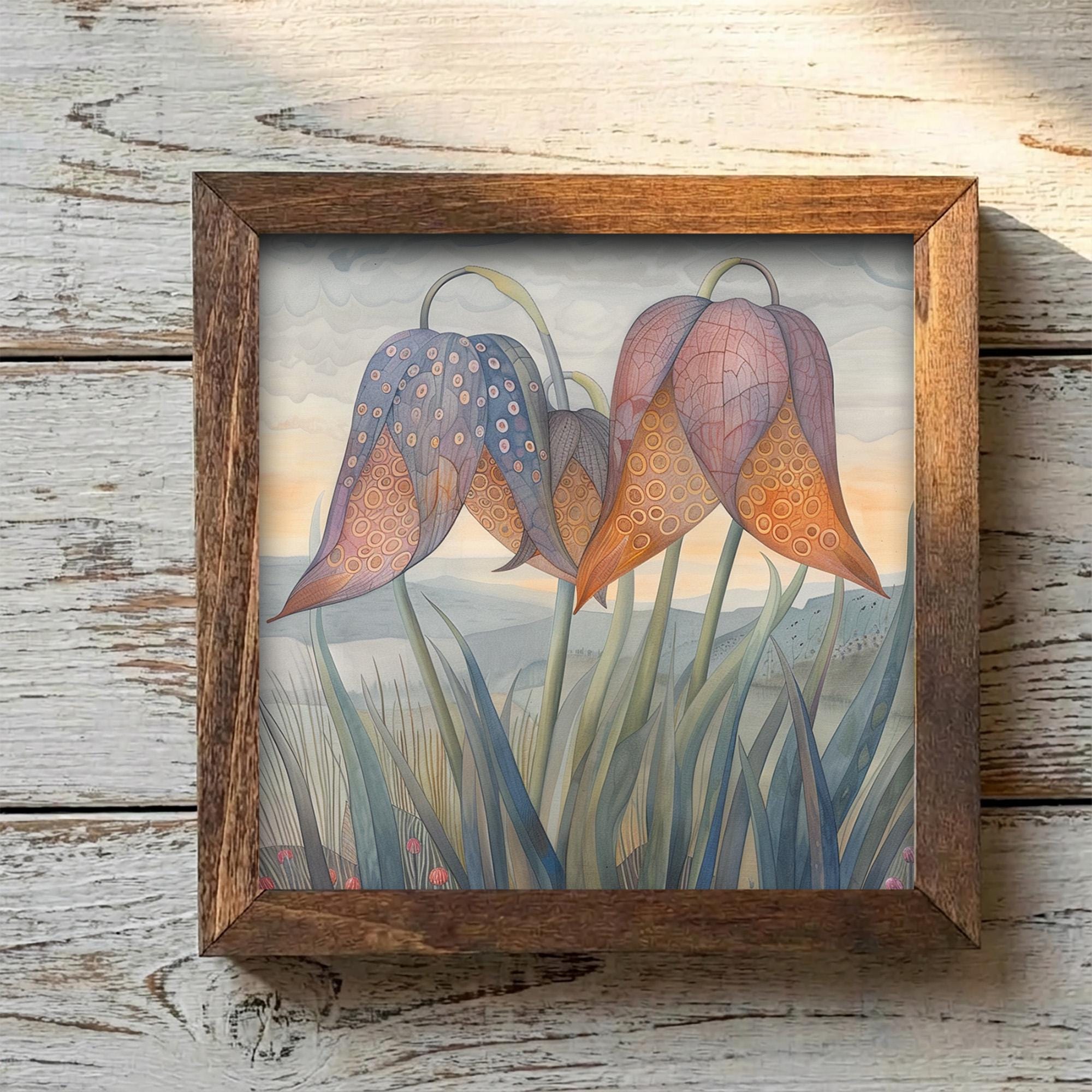 Fritillaria Bell Flower Framed Art with Easel | Whimsical Floral Decor | Purple Flower Wall Art | Botanical Sign | Flower Gift - TheGrumpyRooster