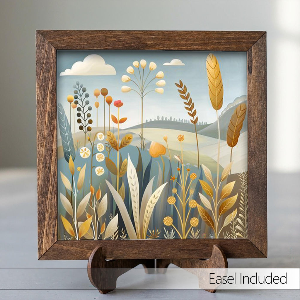 Golden Wildflower Meadow Framed Art with Easel | Botanical Wall Art | Whimsical Nature Decor | Meadow Flower Sign | Floral Gift - TheGrumpyRooster