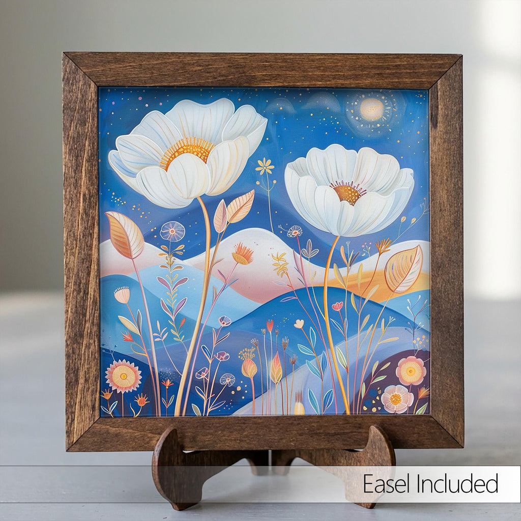 Whimsical White Cosmos Framed Art | Blue Night Sky Wall Decor | Floral Easel Sign | Botanical Home Decor Gift - TheGrumpyRooster