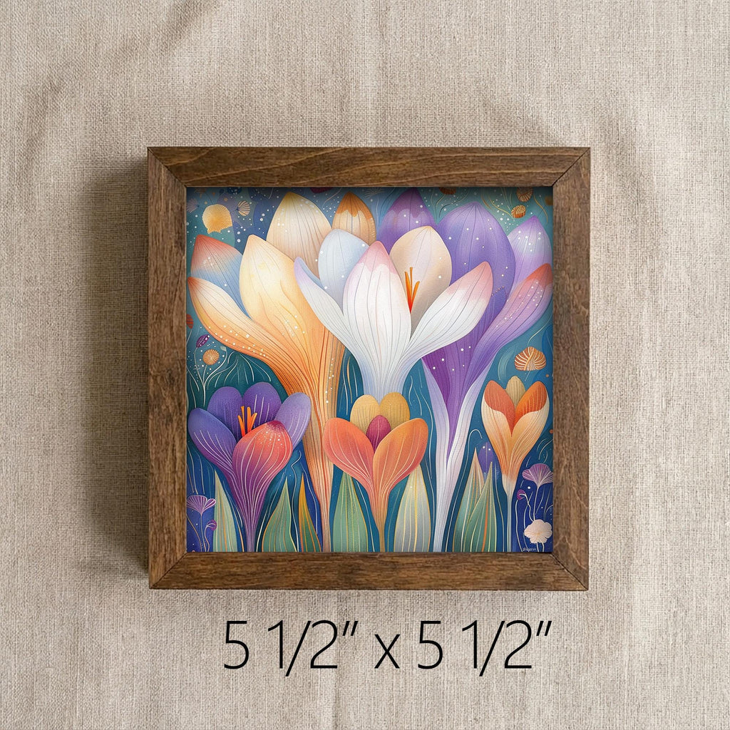 Whimsical Crocus Garden Framed Art | Spring Flower Wall Decor | Colorful Floral Easel Sign | Botanical Home Decor - TheGrumpyRooster