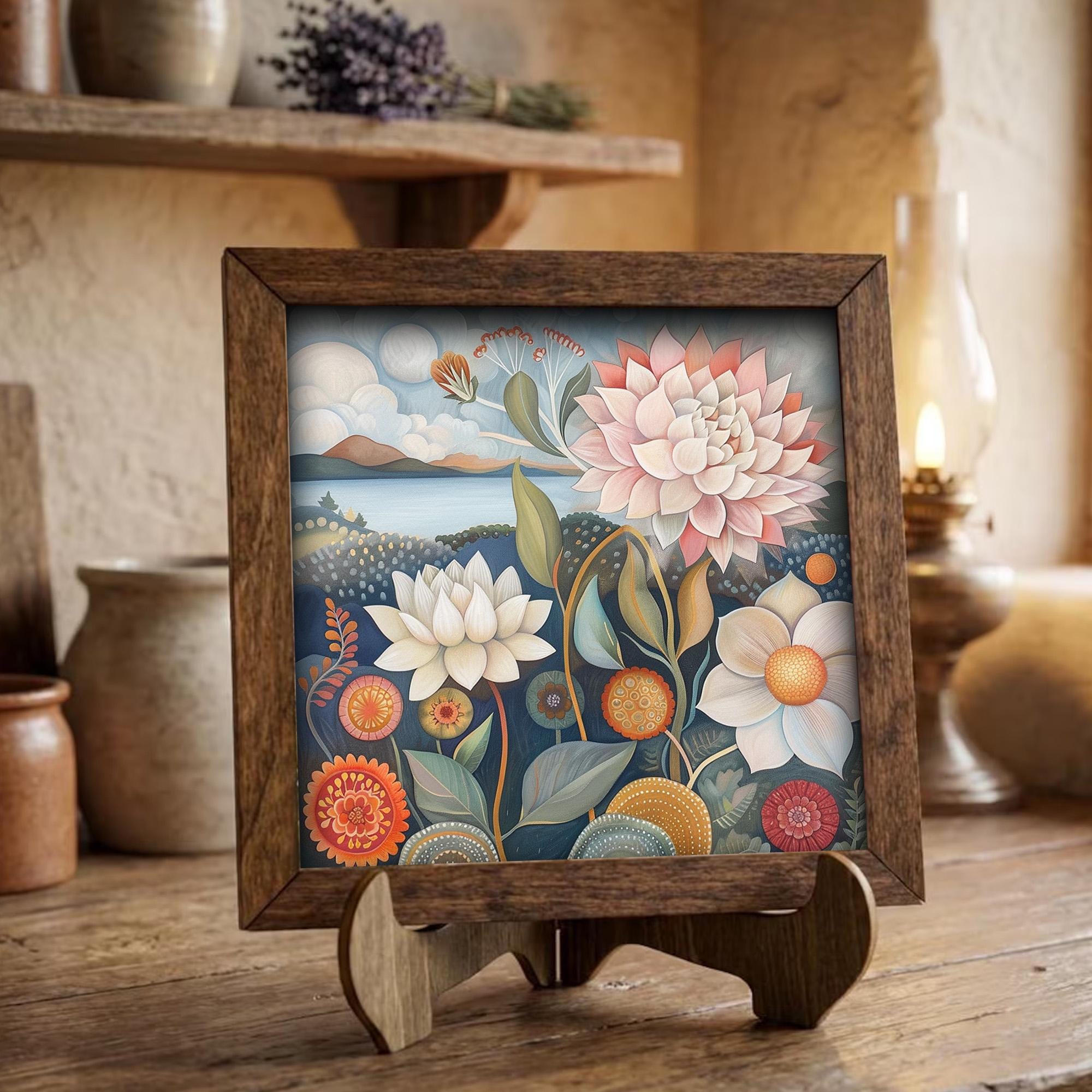 Whimsical Folk Floral Landscape Framed Art | Dahlia Wall Decor | Floral Easel Sign | Botanical Home Decor Gift - TheGrumpyRooster