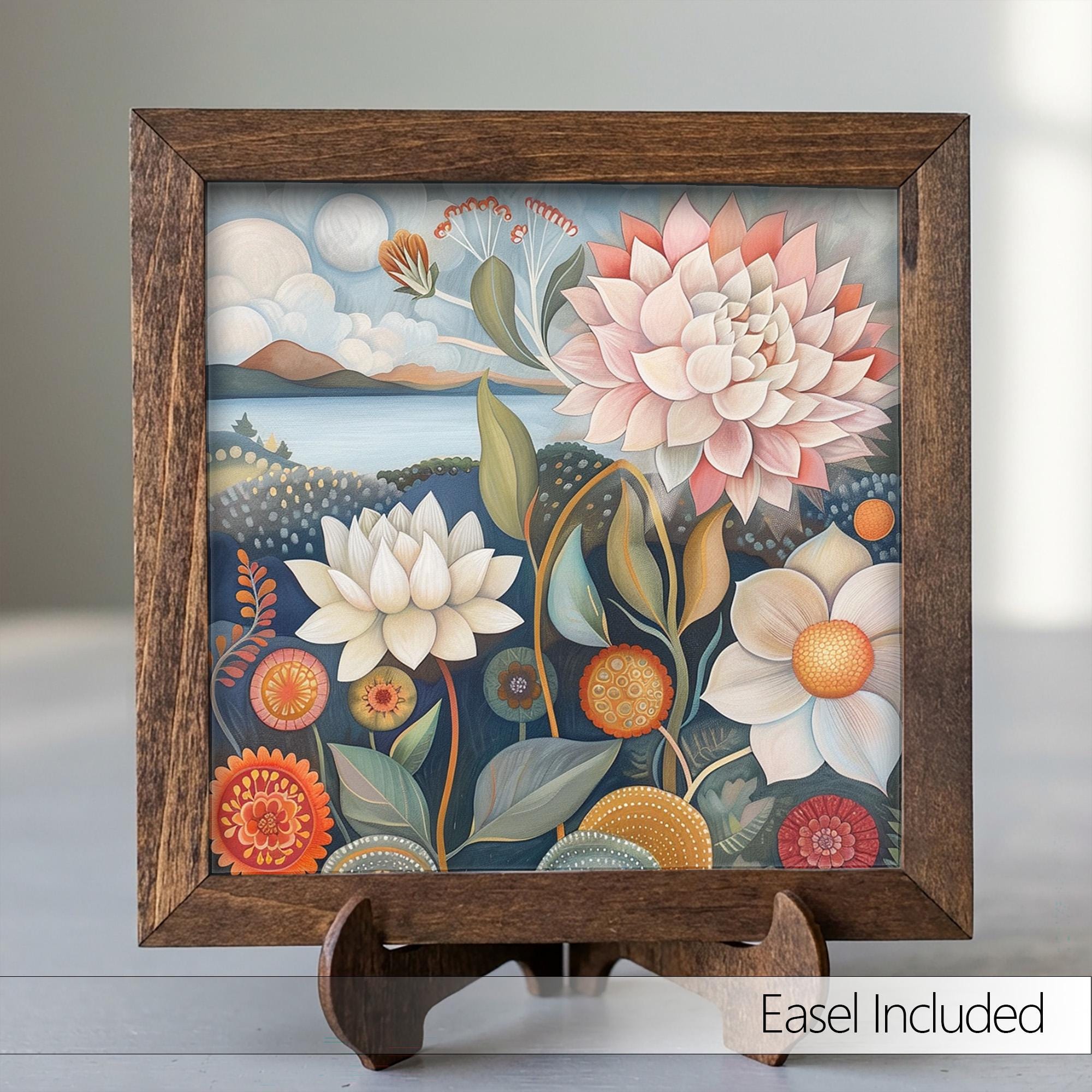 Whimsical Folk Floral Landscape Framed Art | Dahlia Wall Decor | Floral Easel Sign | Botanical Home Decor Gift - TheGrumpyRooster