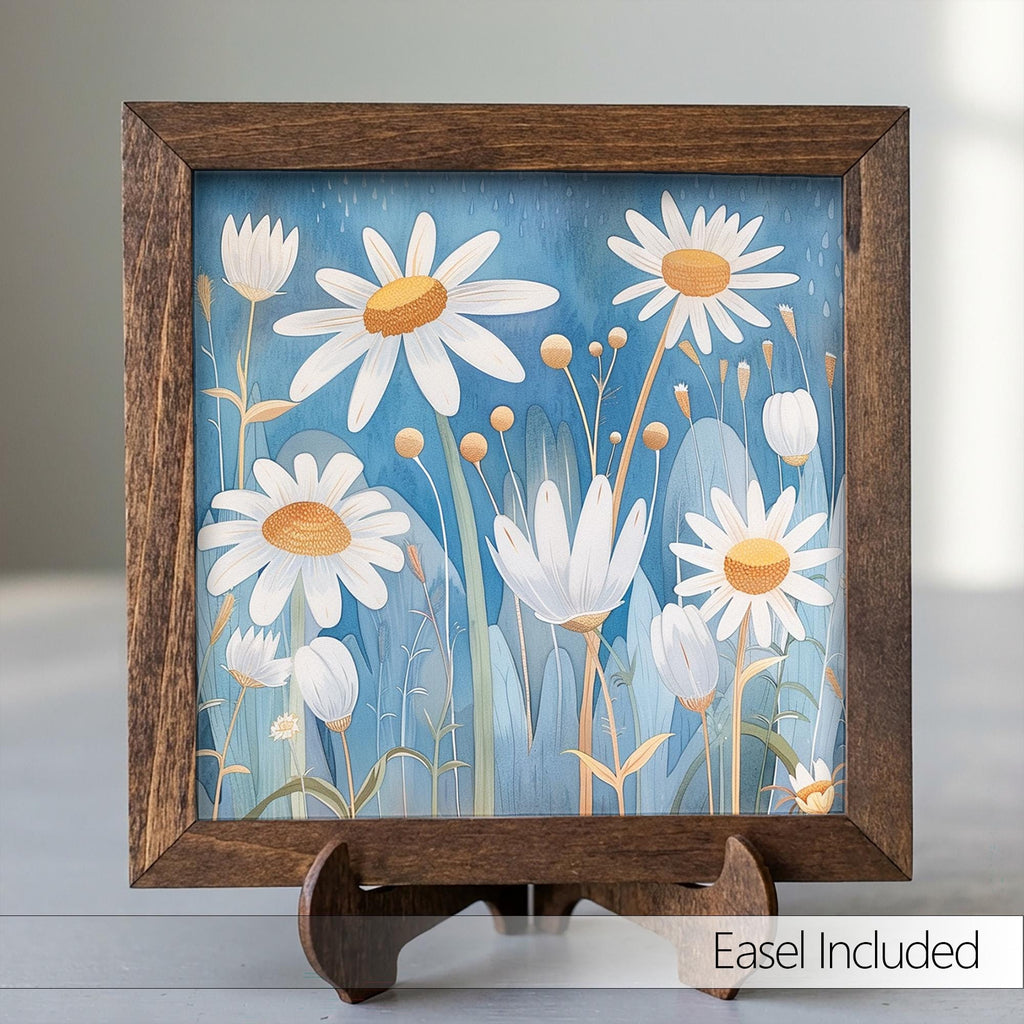 Whimsical Daisy Field Framed Art | White Flower Wall Decor | Blue Floral Easel Sign | Botanical Home Decor Gift - TheGrumpyRooster