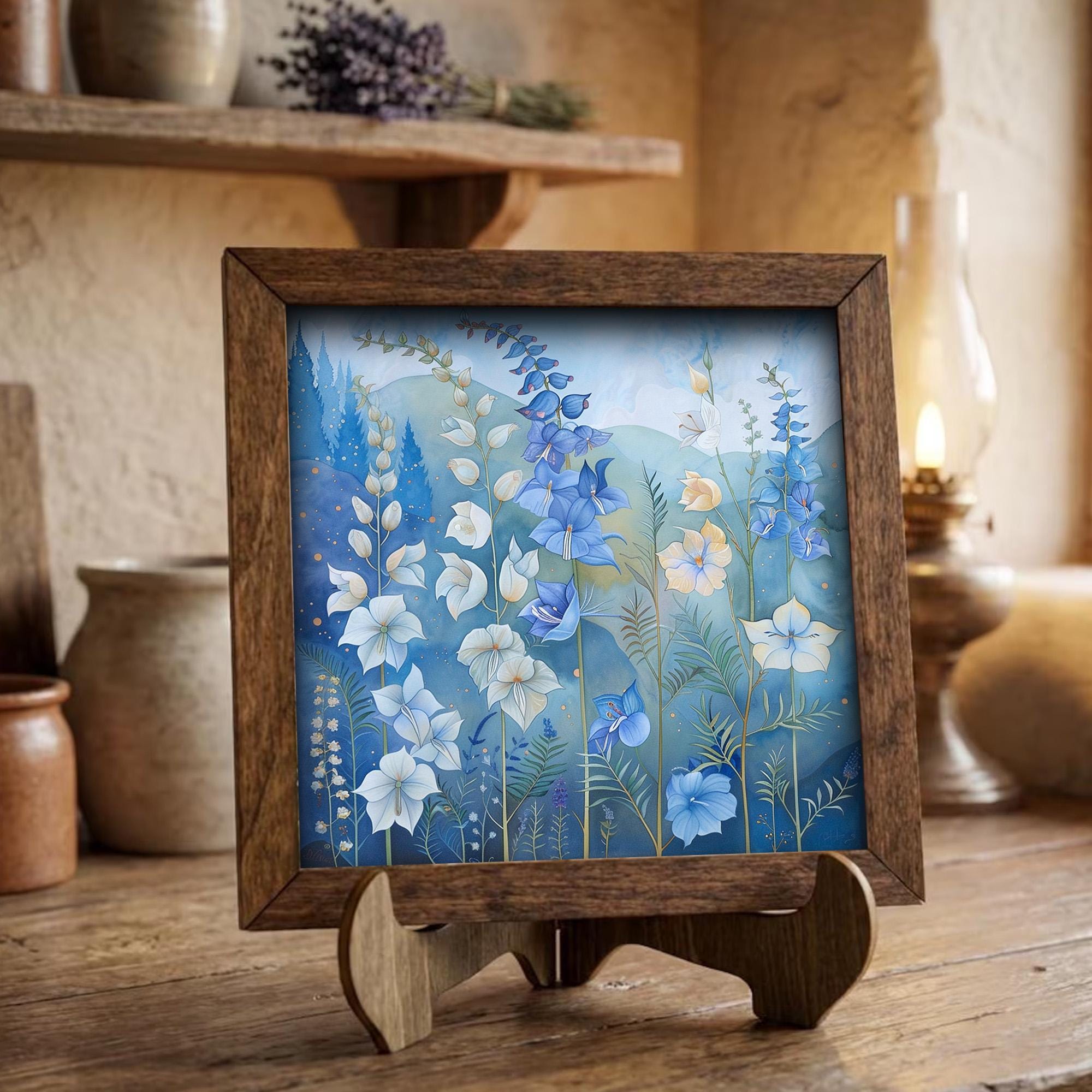 Whimsical Blue Bellflower Framed Art | Blue Flower Wall Decor | Floral Easel Sign | Botanical Home Decor Gift - TheGrumpyRooster