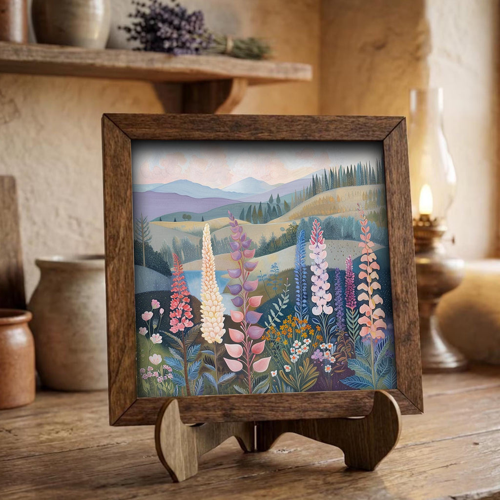 Whimsical Lupine Meadow Framed Art | Wildflower Landscape Wall Decor | Floral Easel Sign | Botanical Home Decor - TheGrumpyRooster