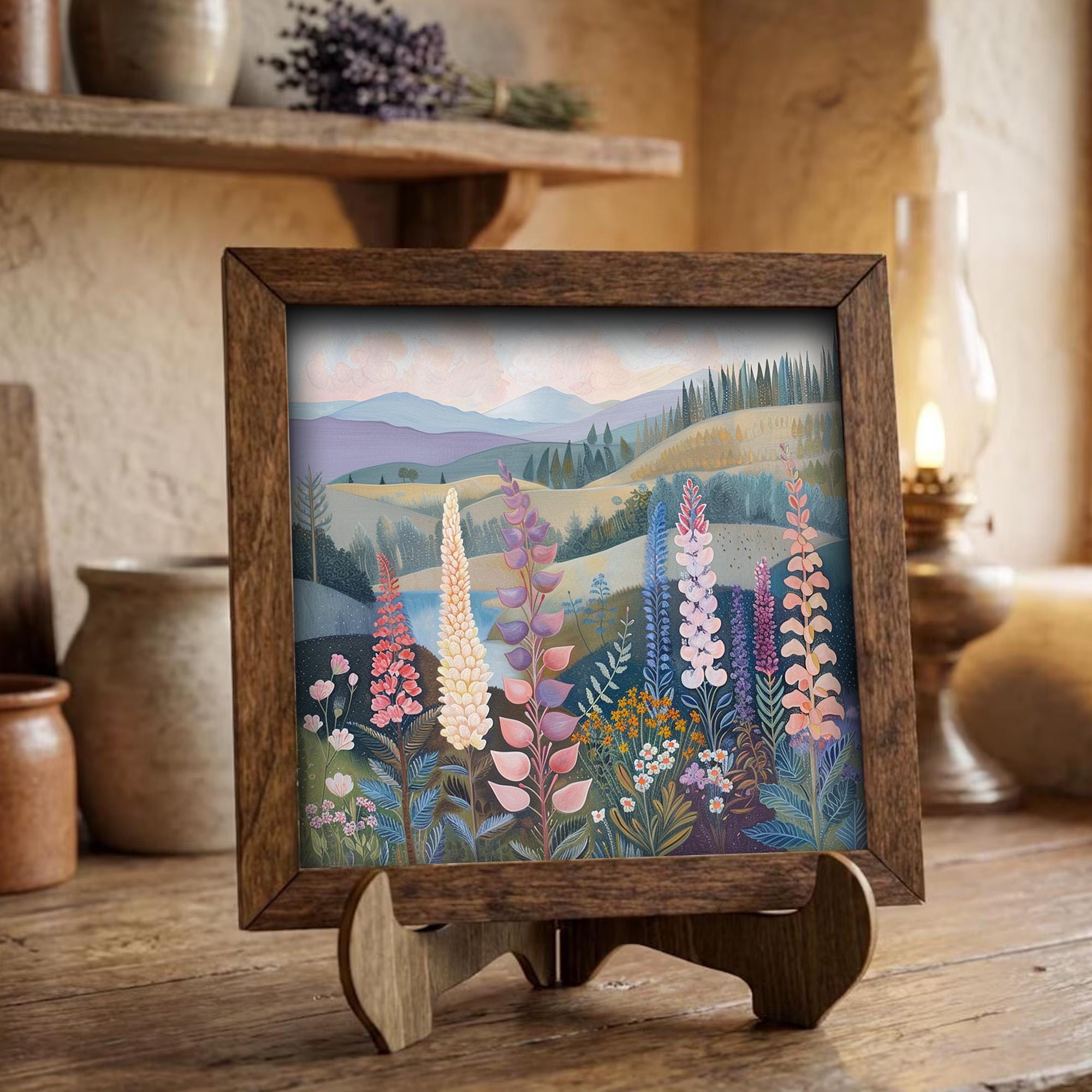 Whimsical Lupine Meadow Framed Art | Wildflower Landscape Wall Decor | Floral Easel Sign | Botanical Home Decor - TheGrumpyRooster