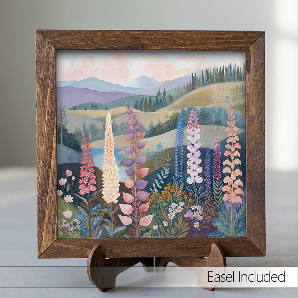 Whimsical Lupine Meadow Framed Art | Wildflower Landscape Wall Decor | Floral Easel Sign | Botanical Home Decor - TheGrumpyRooster