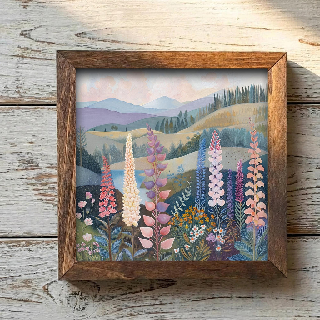 Whimsical Lupine Meadow Framed Art | Wildflower Landscape Wall Decor | Floral Easel Sign | Botanical Home Decor - TheGrumpyRooster