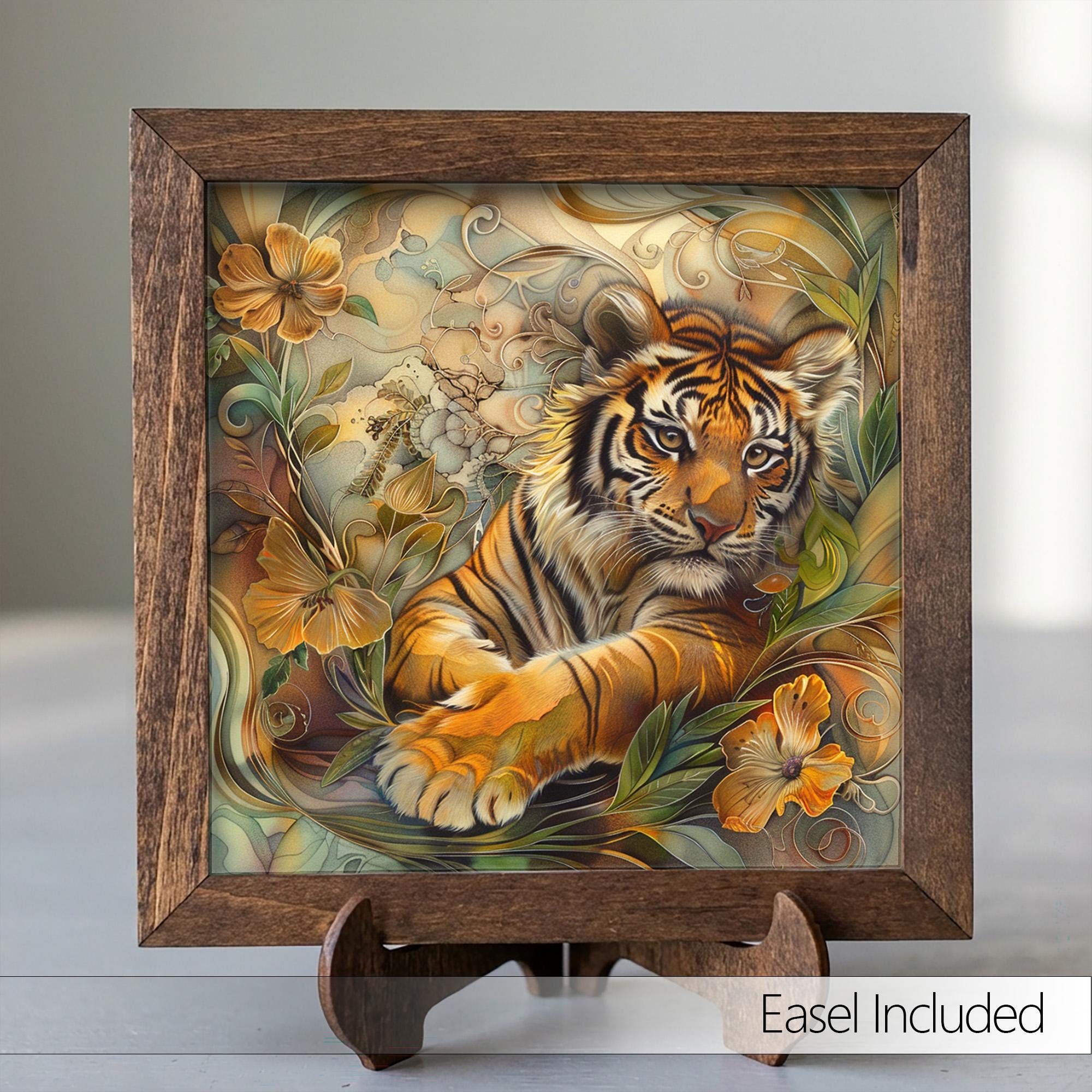 Boho Tiger Cub Wall Art Print | Floral Jungle Nursery Decor | Whimsical Wildlife Gift for Her | Cottagecore Animal Lover Home Decor - TheGrumpyRooster