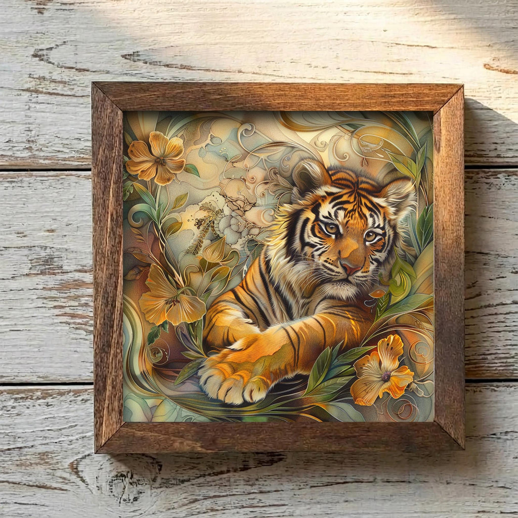 Boho Tiger Cub Wall Art Print | Floral Jungle Nursery Decor | Whimsical Wildlife Gift for Her | Cottagecore Animal Lover Home Decor - TheGrumpyRooster