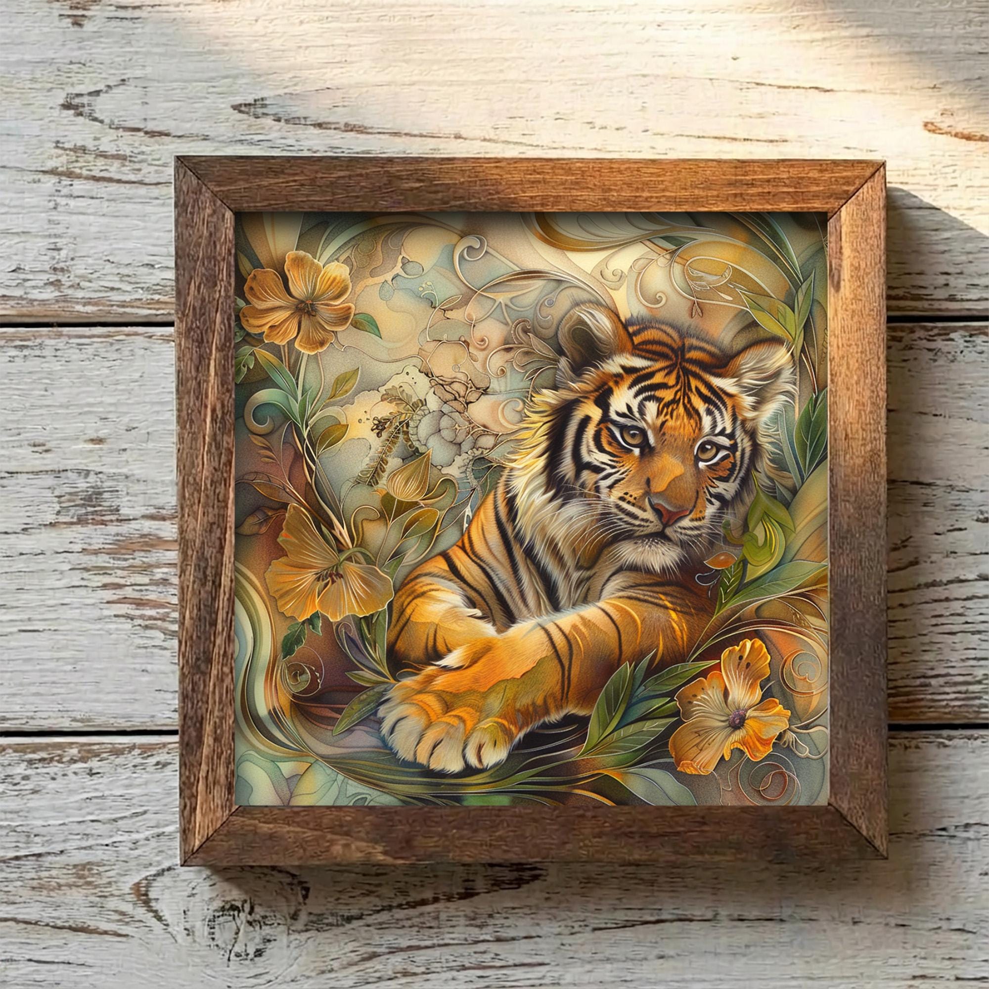 Boho Tiger Cub Wall Art Print | Floral Jungle Nursery Decor | Whimsical Wildlife Gift for Her | Cottagecore Animal Lover Home Decor - TheGrumpyRooster