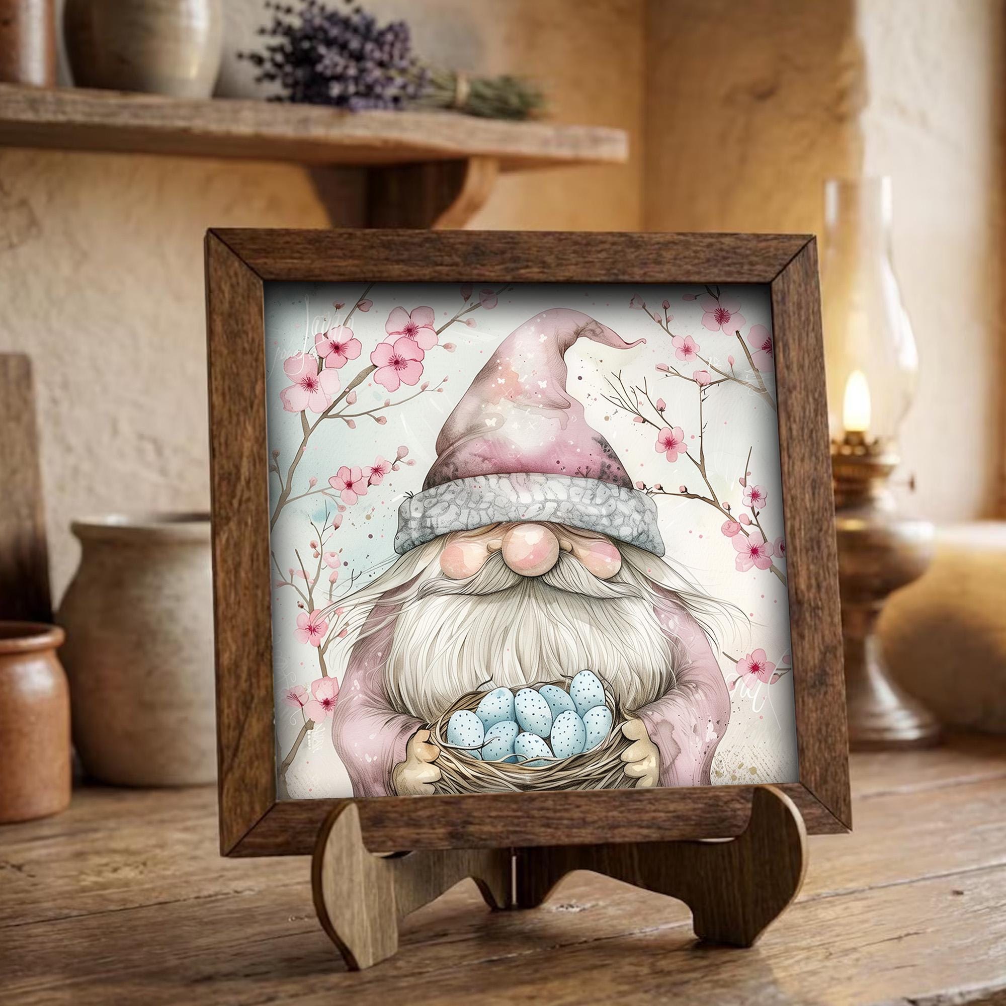 Spring Gnome Framed Sign | Cherry Blossom Tiered Tray Decor | Cute Farmhouse Easter Home Decor | Whimsical Gift Idea - TheGrumpyRooster
