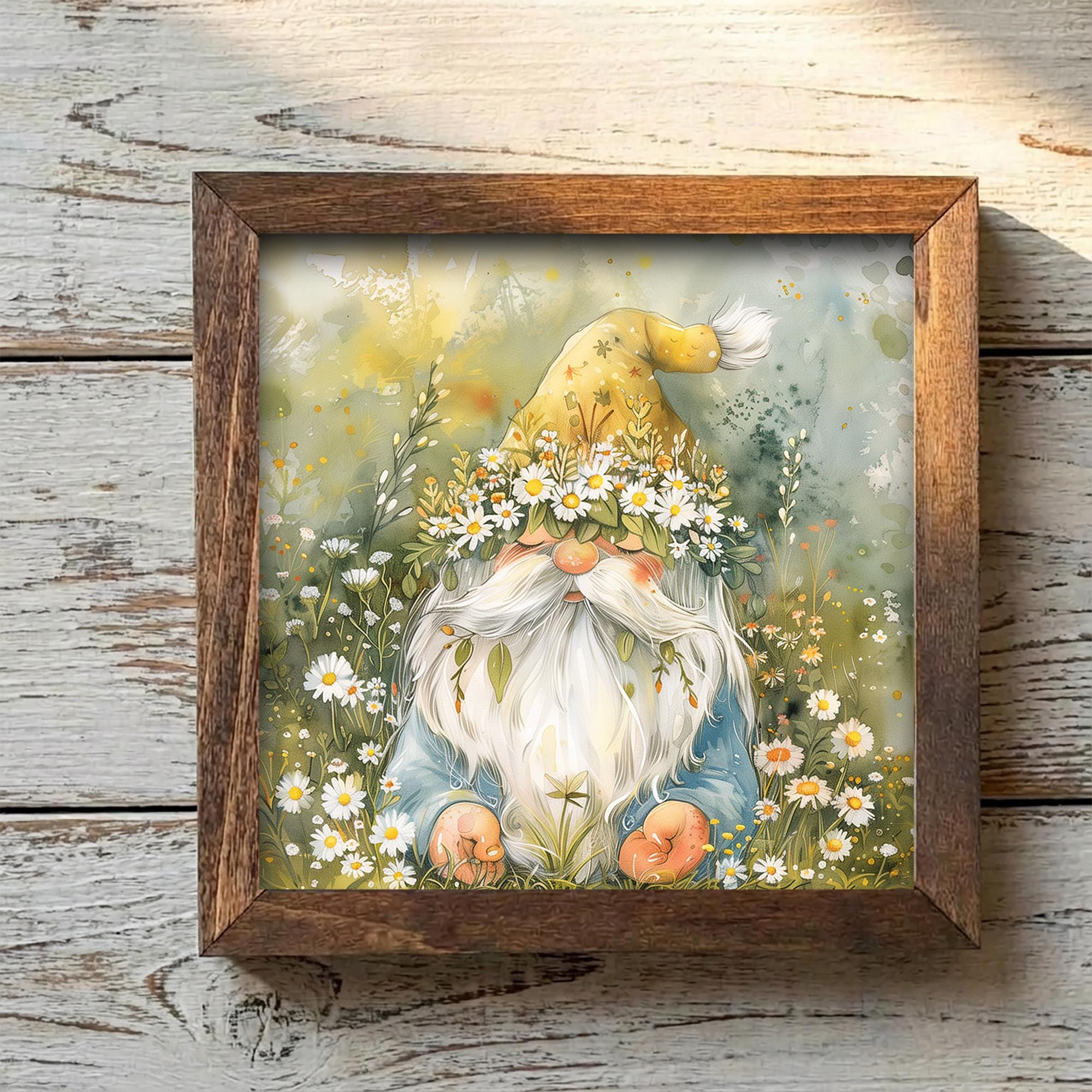 Spring Gnome Framed Art Print | Whimsical Floral Wall Decor | Cottagecore Gift | Farmhouse Shelf Decor | Daisy Gnome Home Decor - TheGrumpyRooster