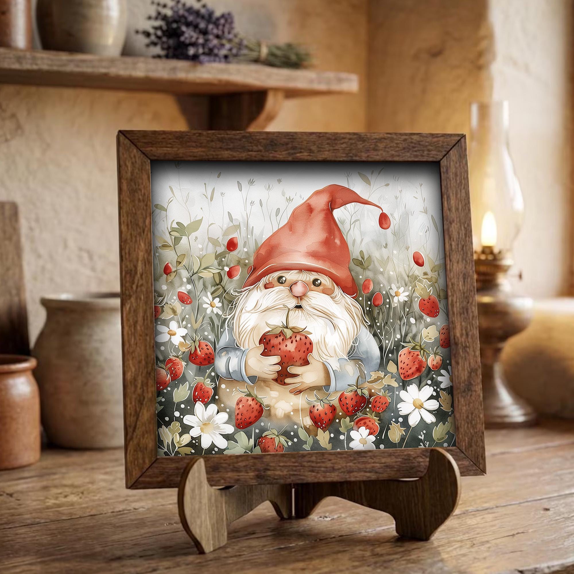 Strawberry Gnome Wood Sign | Spring Tiered Tray Decor | Cute Farmhouse Kitchen Sign | Cottagecore Gift | Whimsical Garden Home Decor - TheGrumpyRooster