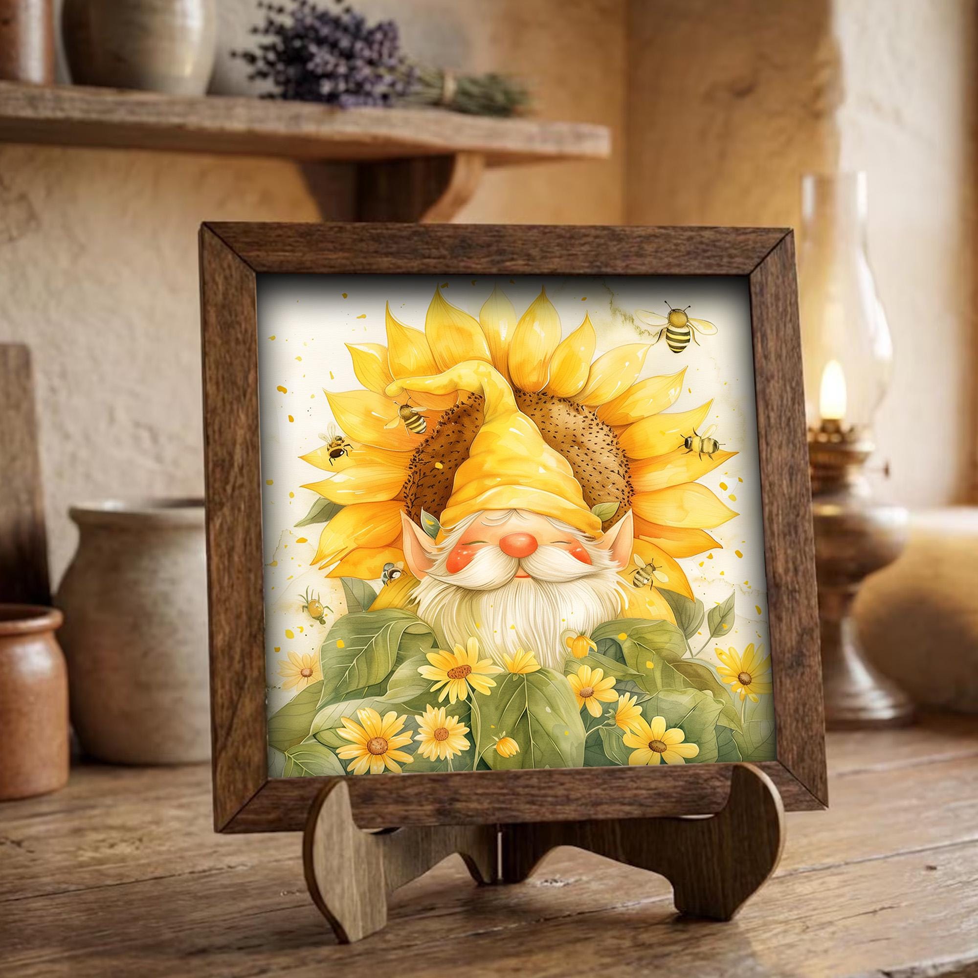 Sunflower Bee Gnome Framed Sign | Spring Farmhouse Tiered Tray Decor | Whimsical Home Gift | Shelf Decor - TheGrumpyRooster