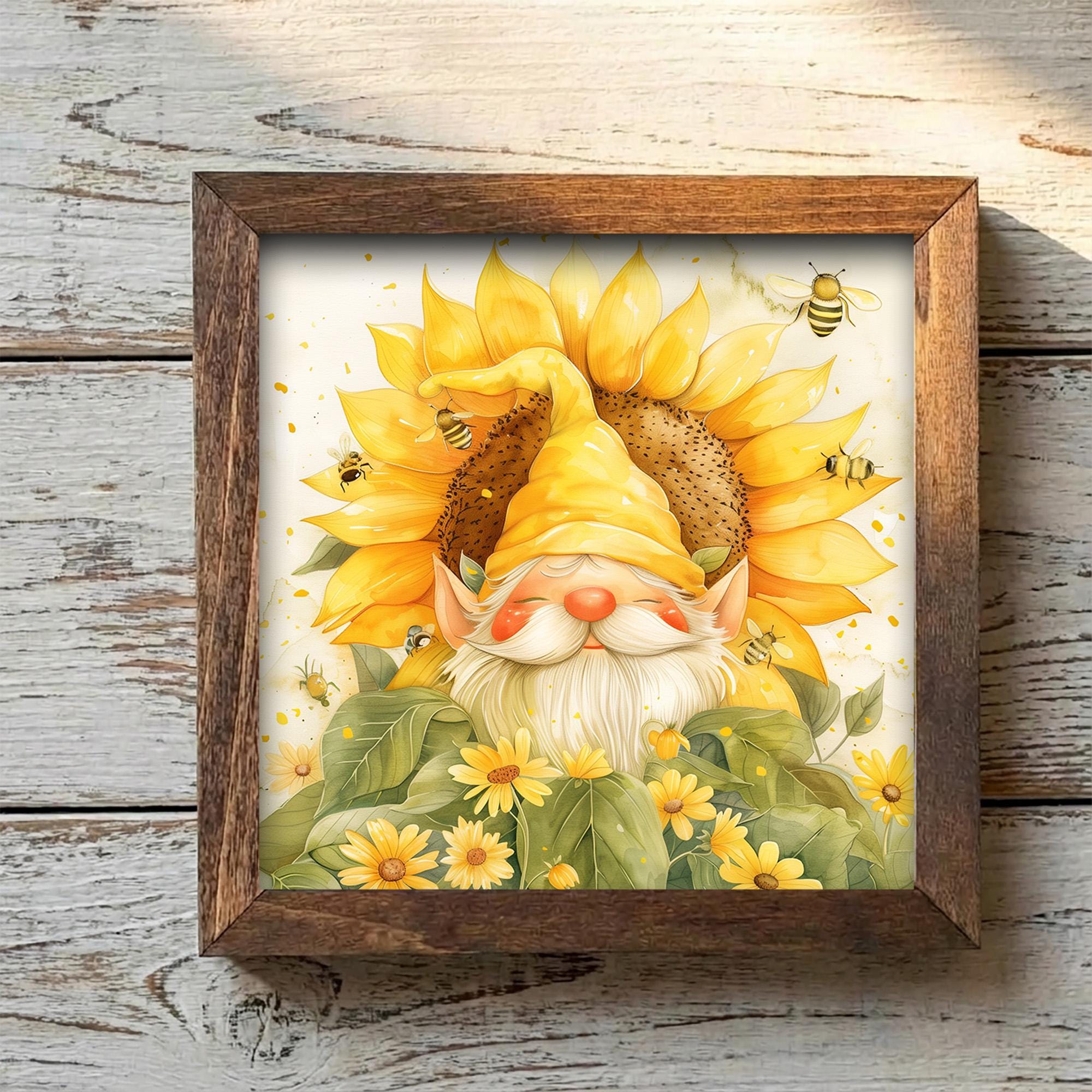 Sunflower Bee Gnome Framed Sign | Spring Farmhouse Tiered Tray Decor | Whimsical Home Gift | Shelf Decor - TheGrumpyRooster