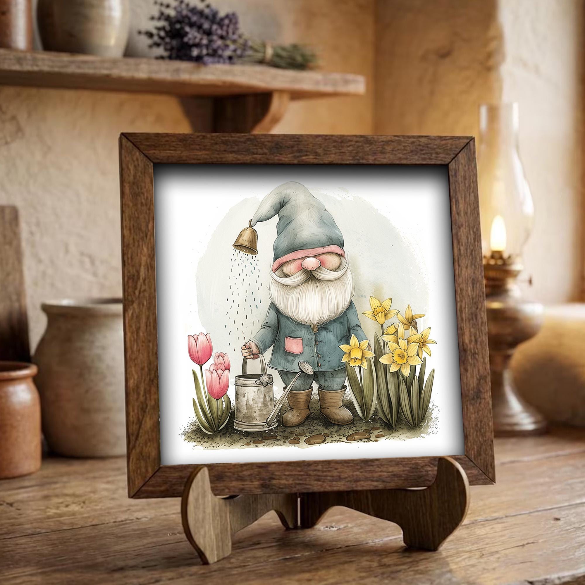 Spring Gnome Framed Sign | Cottagecore Wall Art | Farmhouse Tiered Tray Decor | Whimsical Tulip Gift | Easter Home Decor - TheGrumpyRooster
